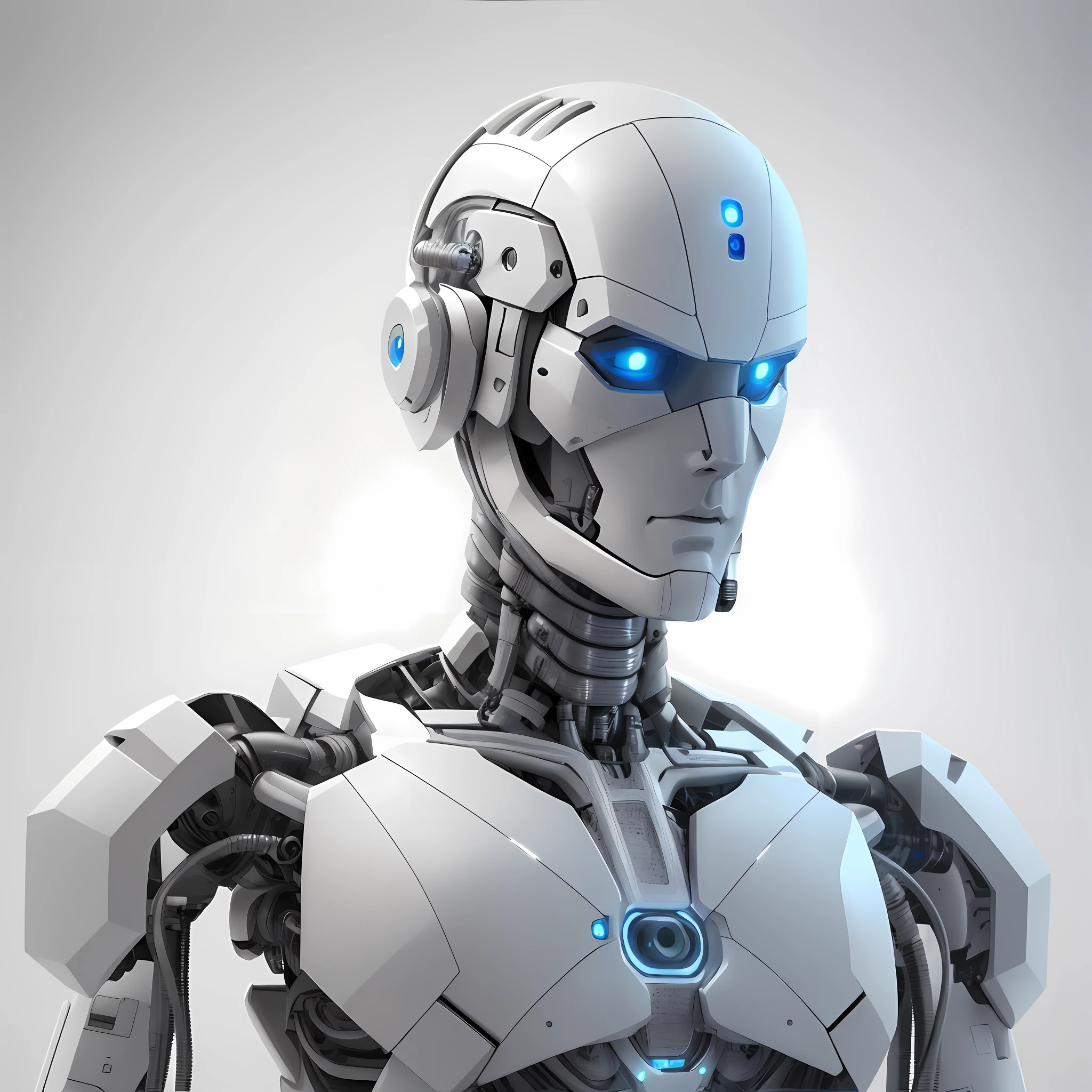 A closeup of a robot with blue eyes and a white body, portrait of a futuristic robot, humanoid robot close up, robot with human face, futuristic robot, white robot, cyborg robot, friendly humanoid cyber robot, humanoide detalhado, cyborg robot wearing vr headset, robot cyborg, strong artificial intelligence, Retrato do humanoide masculino, futuristic robot body, Ciborgue Macho