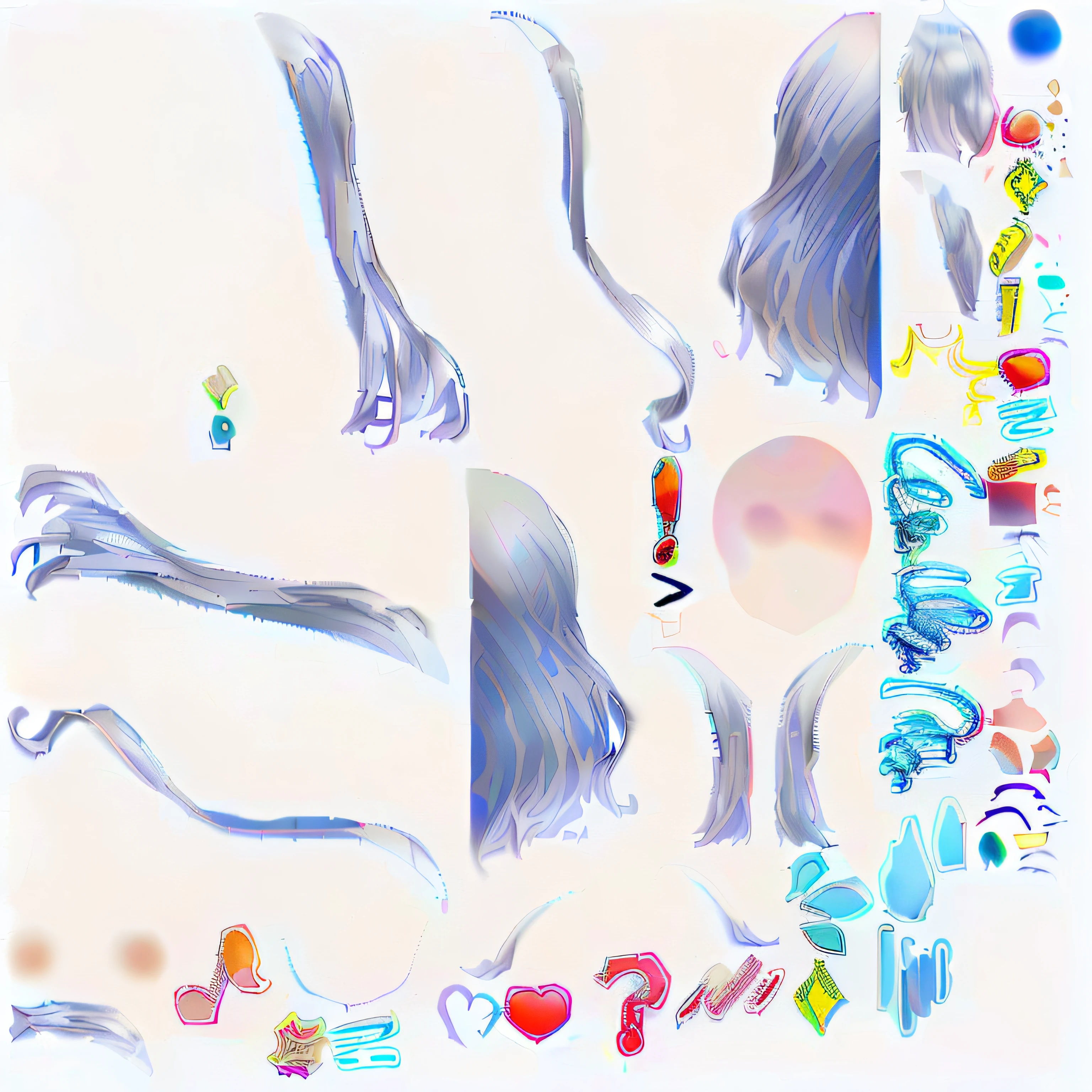 Close-up of cartoon characters with various hairstyles, detailed white long hair, extra detailed body, anime set style, , Flowing white hair, anime style hyper detailed, full color manga visual style
