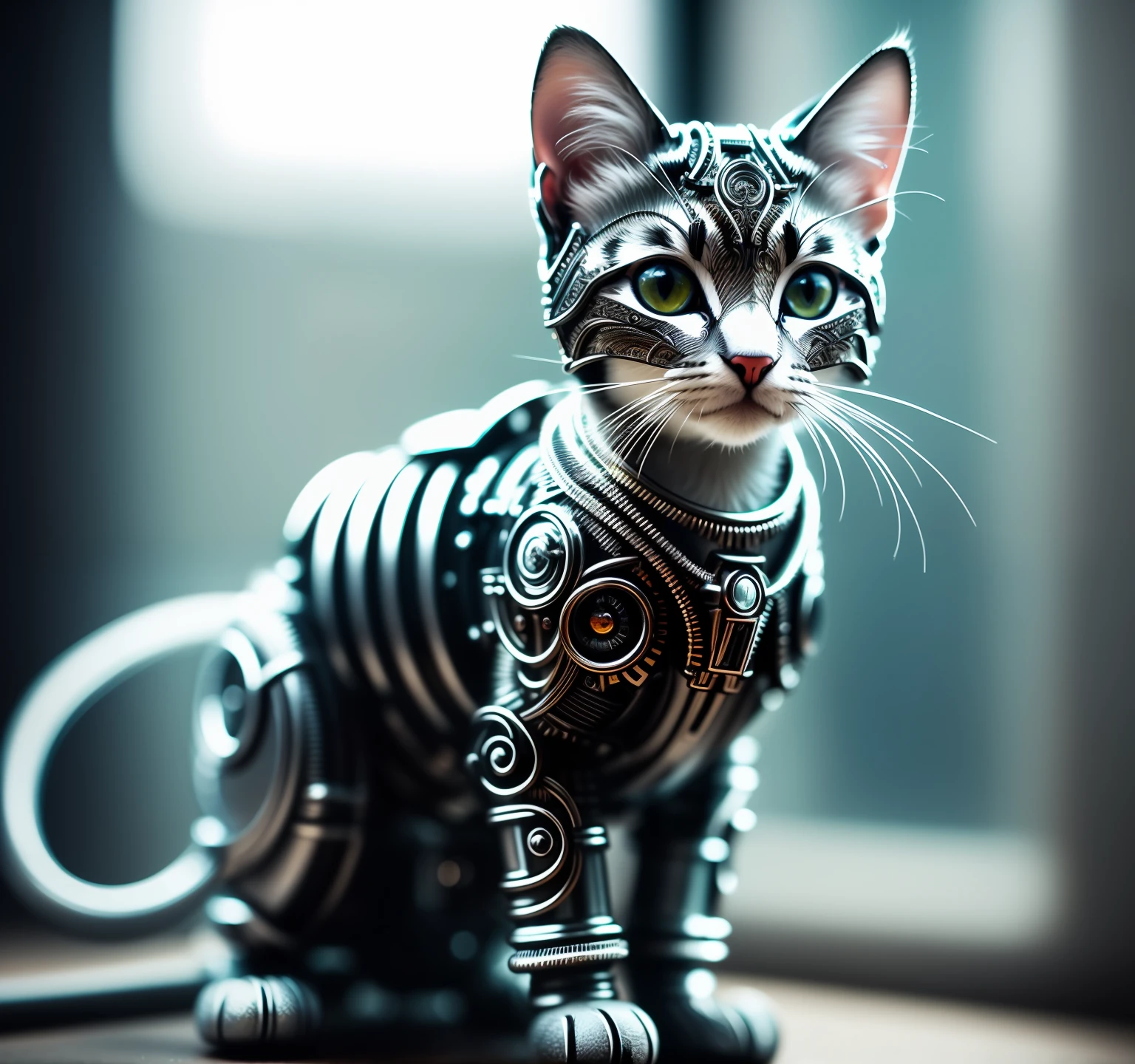 a cute kitten made out of metal, (cyborg:1.1), ([tail | detailed wire]:1.3), (intricate details), hdr, (intricate details, hyperdetailed:1.2), cinematic shot, vignette, centered, ((intricate details)), hdr, ((intricate details, hyperdetailed))