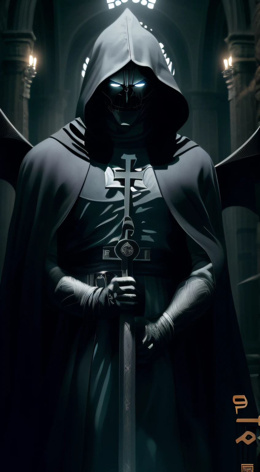 (((Solo,In black smoke、The light is gloomy))),A huge demon with bat wings,As tall as a church、The cloak covers the face、Wearing a ripped robe,Holding a German two-handed sword,The light is dark,Look down at the camera