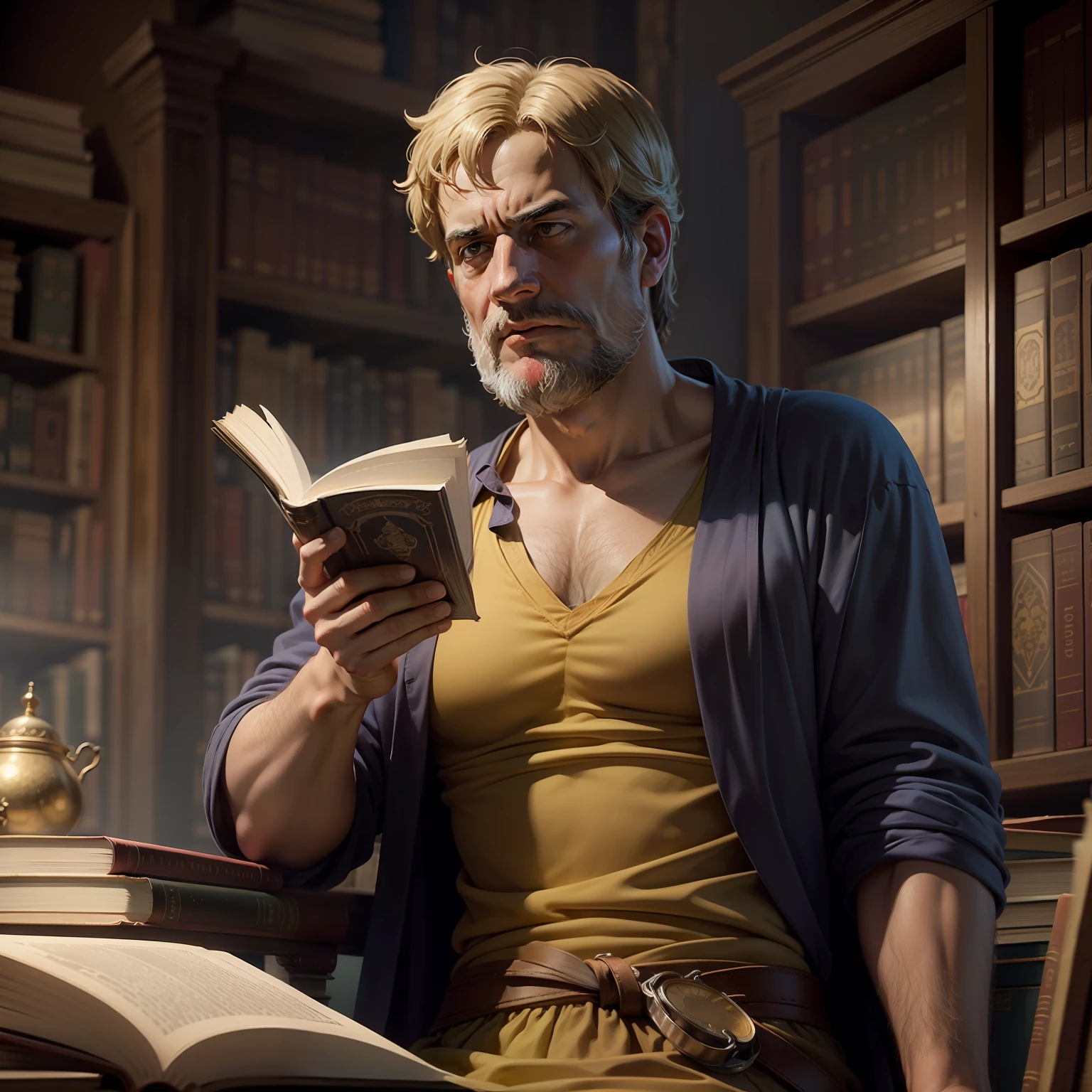 Greek philosopher Aristotle teaching logic in ancient Greece with a book in a library, Realism, Cinematic Lighting, DarkGoldenRod