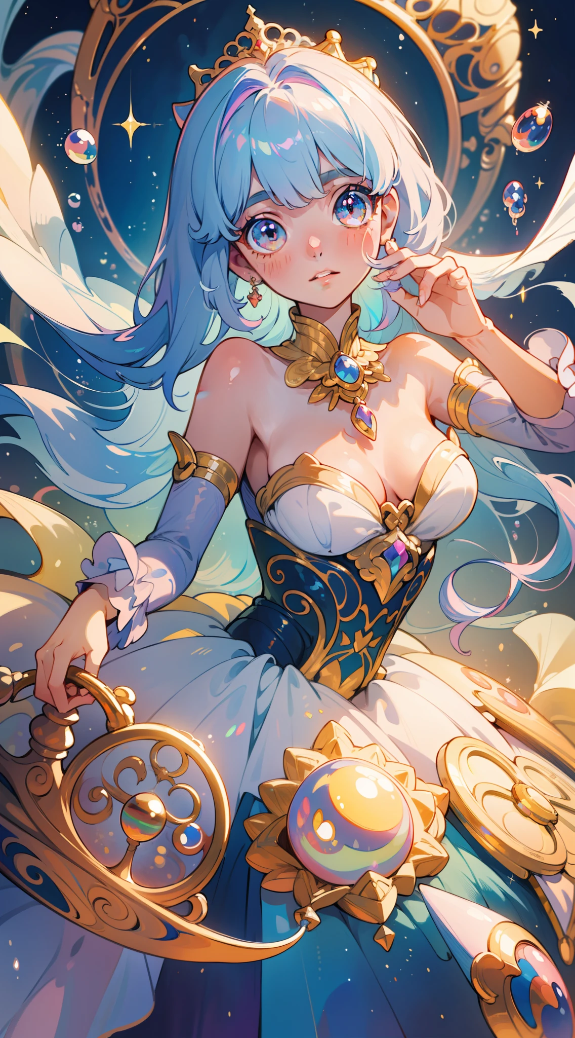 masterpiece, best quality, 8k resolution, sharp focus, intricate detail, beautiful girl, sparkling eyes, golden ratio face, otherworldly liquid, watercolor, pastel colors, bright colors, whimsical, colorful, sharp focus, high resolution, fine detail, princess fantasy flowing ballgown, ((round eyes)), iridescent bubbles
