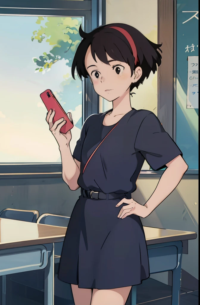 （tmasterpiece：1.4），（best qualtiy：1.4），A high resolution：1.4），Kizi，Kiki，Wearing a uniform at a classroom desk，Hold the phone with one hand