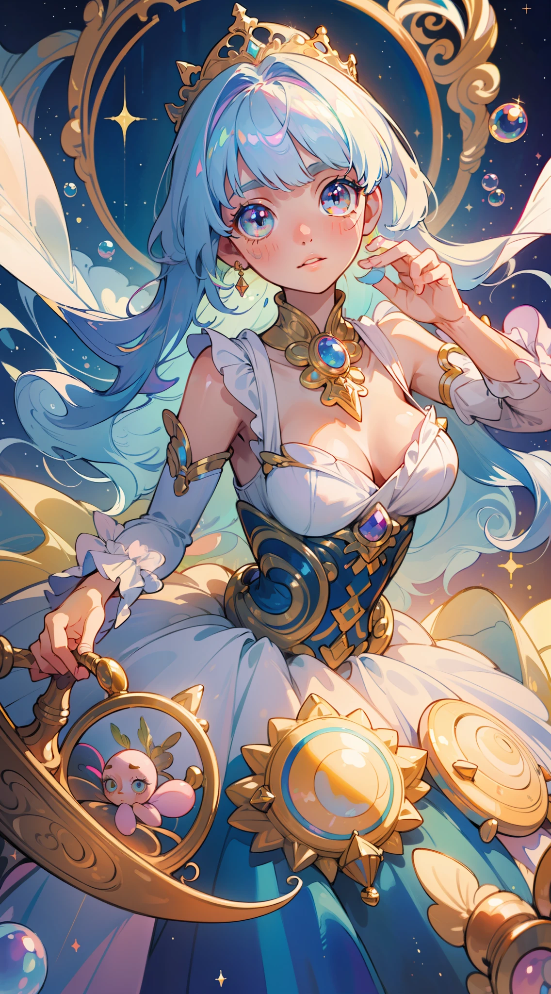 masterpiece, best quality, 8k resolution, sharp focus, intricate detail, beautiful girl, sparkling eyes, golden ratio face, otherworldly liquid, watercolor, pastel colors, bright colors, whimsical, colorful, sharp focus, high resolution, fine detail, princess fantasy flowing ballgown, ((round eyes)), iridescent bubbles