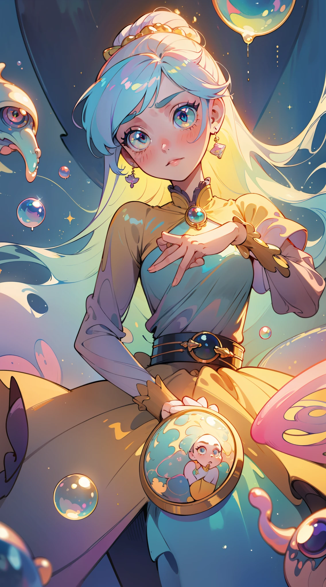 masterpiece, best quality, 8k resolution, sharp focus, intricate detail, beautiful girl, sparkling eyes, golden ratio face, otherworldly liquid, watercolor, pastel colors, bright colors, whimsical, colorful, sharp focus, high resolution, fine detail, princess fantasy flowing ballgown, ((round eyes)), iridescent bubbles
