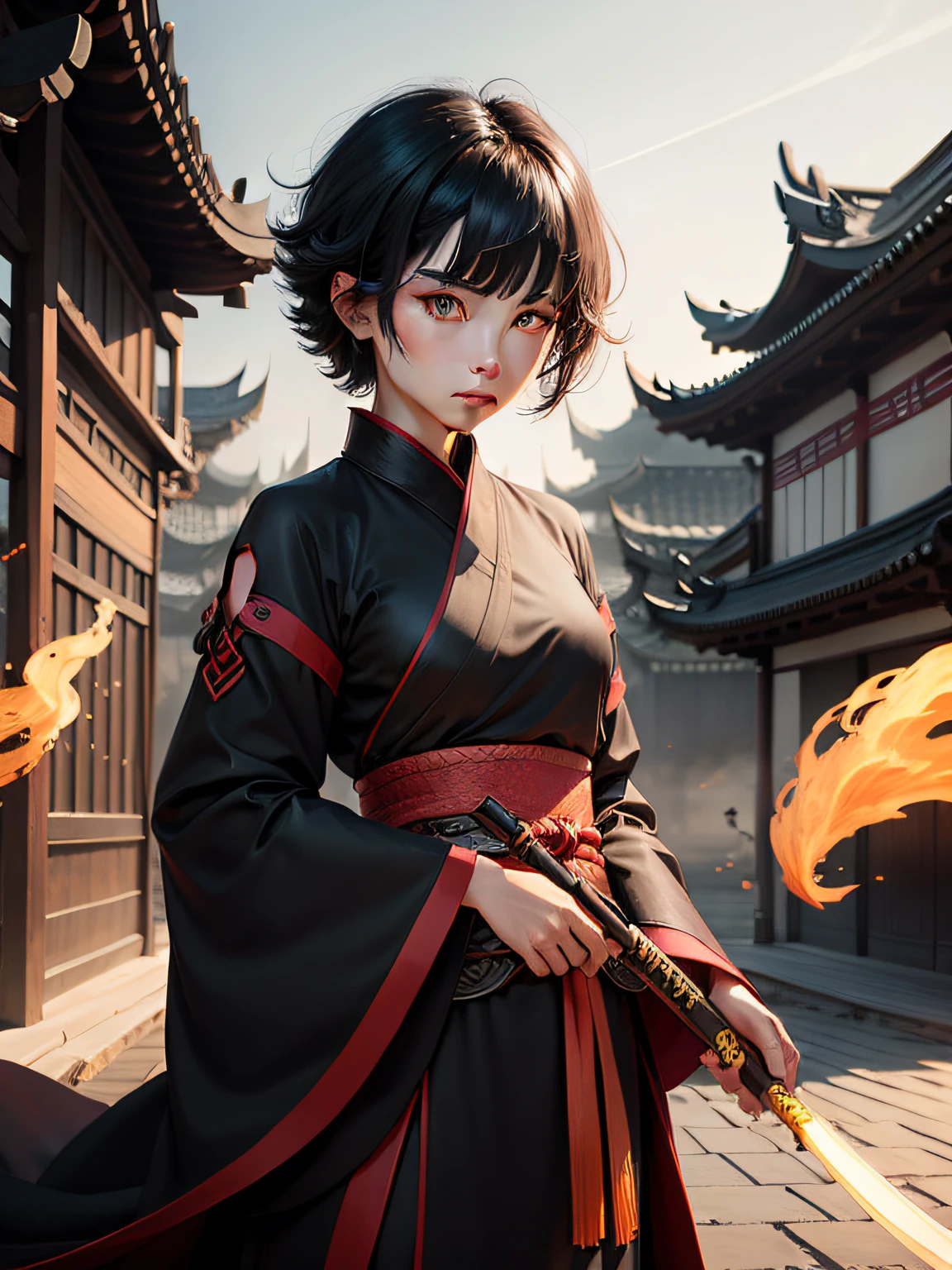 mtu,,Short black hair,The eyes are fierce,Black Hanfu,Weapon in hand,