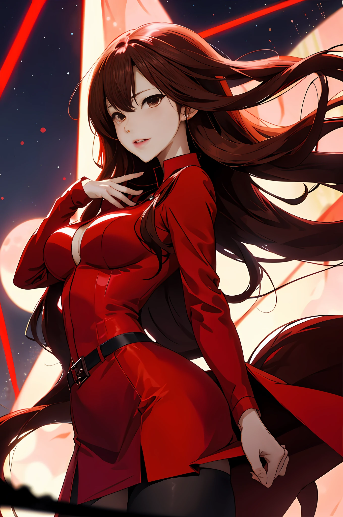 Bewitching anime busty woman in red suit and tight skirt、Black tights,Inviting look、Show off your chest、Shirt and long brown hair,Ecchi anime style,  bending forward,Kamimei,Red Light District at Night,neons、Bokeh in the background