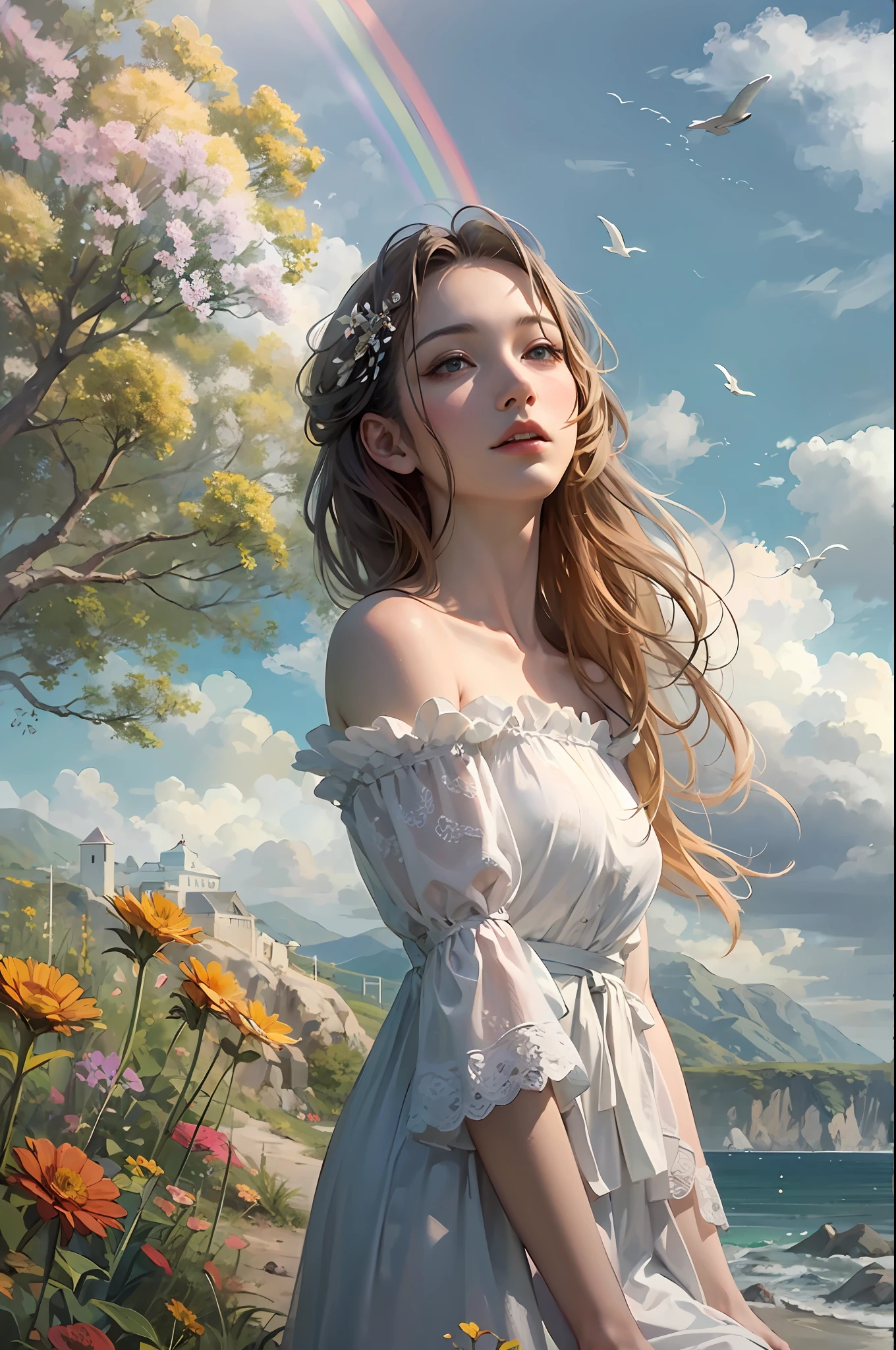 a 20 yo lady，Flowers, trees, sky, breeze, clouds, sun, rainbow, ocean, beach, forest, stones, gravel, earth，（Natural skin texture,ultra-realistic realism,the soft light,Sharp），masterpiece, best quality, ultra-detailed, best shadow