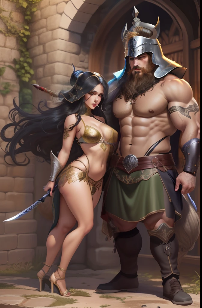 Homem e uma mulher se beijando, homem de cabelo loiro e longo, olhos azuis, peitoral gigante, corpo forte, Corpo com muita veia, armadura de viking, espada gigantesca, Mulher de cabelo curto e preto, olhos verdes, mid chest, sexy, curvas apontadas, Corpo sensual, roupa da pano, medieval setting, imagem HD, Imagem limpa, Imagem 4k, alta resolução, obra prima, manga art