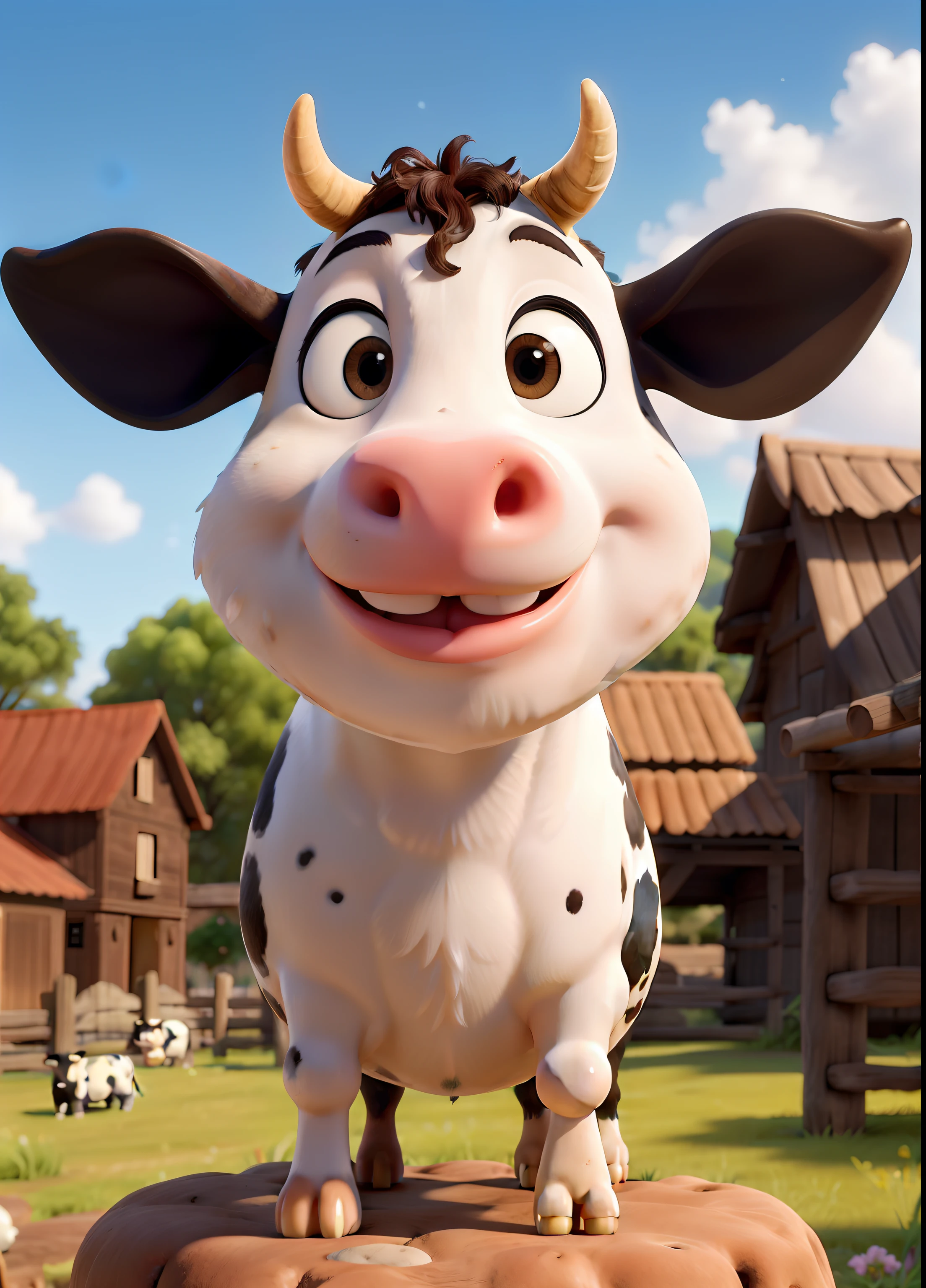 Obra maestra, La mejor calidad,Un primer plano de la vaca frisona Holstein con una gran sonrisa en su rostro y una cerca en el fondo con un cielo y nubes
