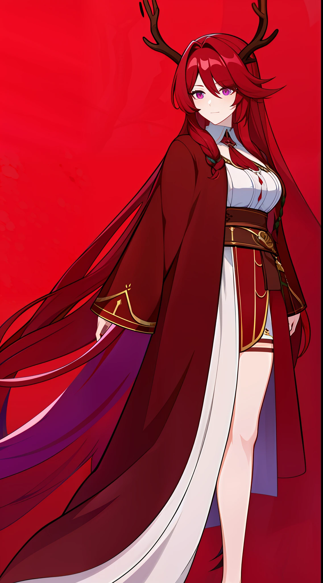 Adult woman, Long red hair with purple ends, Deer antlers, violet eyes, Herbalist's robe, Masterpiece, hiquality
