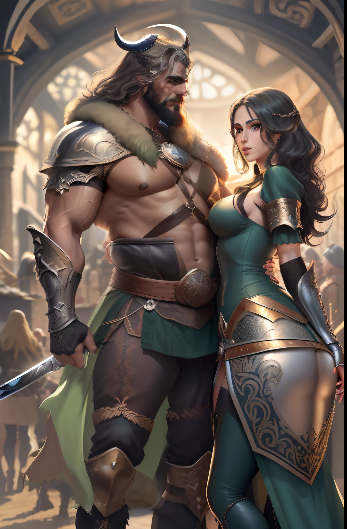 Homem e uma mulher se beijando, homem de cabelo loiro e longo, olhos azuis, peitoral gigante, corpo forte, Corpo com muita veia, armadura de viking, espada gigantesca, Mulher de cabelo curto e preto, olhos verdes, mid chest, sexy, curvas apontadas, Corpo sensual, roupa da pano, medieval setting, imagem HD, Imagem limpa, Imagem 4k, alta resolução, obra prima, manga art