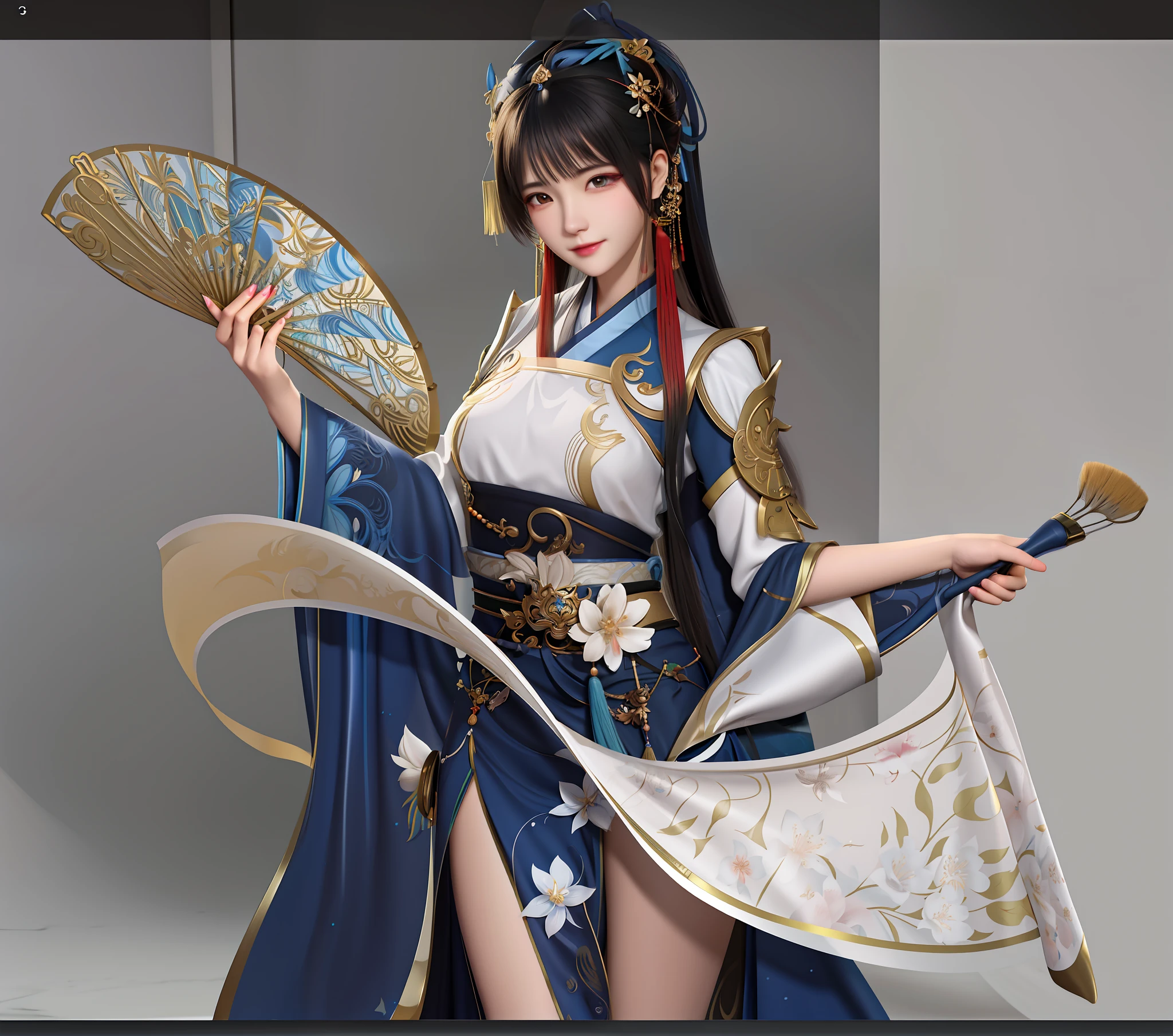 Beautiful woman in era blue dress, Holding a paper fan in his right hand, Hold the brush in your left hand, A girl in Hanfu, trending on cgstation, Inspired by Lan Ying, a beautiful fantasy empress, full-body xianxia, Inspired by Qiu Ying, inspired by Du Qiong, G Liulian art style, Inspired by Li Tang, Chinese clothing 32K Ultra HD, Light cyan and light amber, Beautiful woman in floral pattern dress, in the style of anime art, Light cyan and amber, Detailed facial features, Dream illustration style zbrush, UHD image, Feminine elegance, light gold and bronze, anime artsyle, Organic and flowing forms, Free brush strokes, illustrated, in the style of artgerm, Long-sleeve tickets, Excellent quality, Action painter, amazing moment, Vray, Unreal Engine5, cinmatic lighting, Particle, Realistic pvc textures, 32k, cinematic photogtaphy, Full body vertical painting, poster for, light smile, bead necklace, bokeh, Verism, cinematic lighting, ray tracing, reflection light, drop shadow, anatomically correct, textured skin, super detail, high details, high quality, masterpiece, retina, ccurate, award winning, best quality, highres