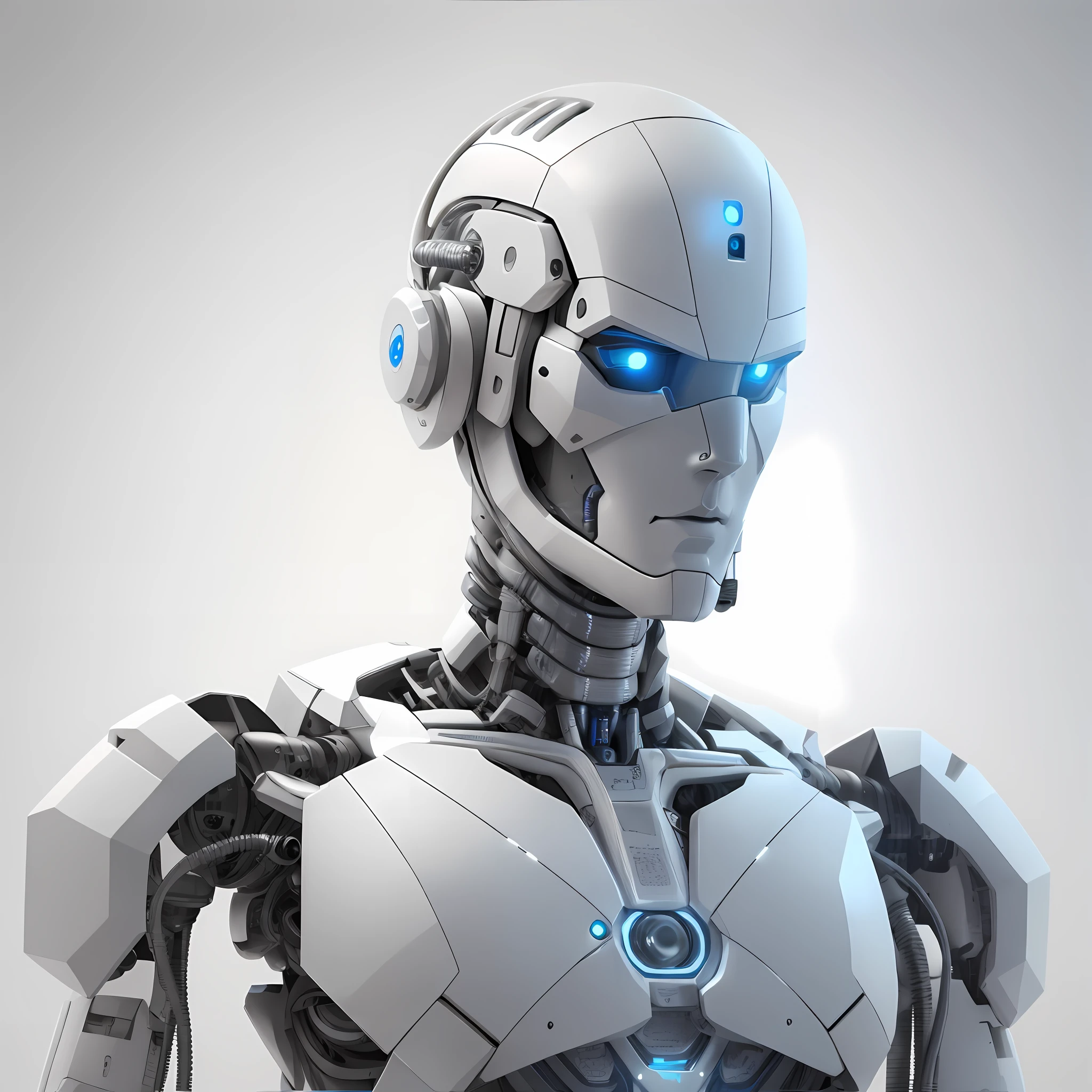 A closeup of a robot with blue eyes and a white body, portrait of a futuristic robot, humanoid robot close up, robot with human face, futuristic robot, white robot, cyborg robot, friendly humanoid cyber robot, humanoide detalhado, cyborg robot wearing vr headset, robot cyborg, strong artificial intelligence, Retrato do humanoide masculino, futuristic robot body, Ciborgue Macho