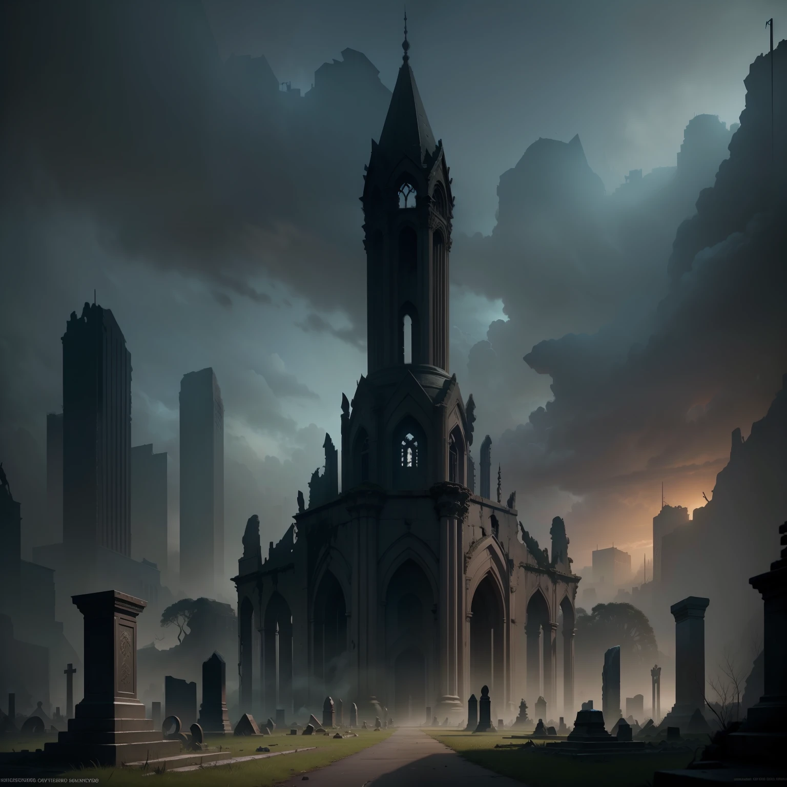 Alfid view of the cemetery,dark ruins landscape, Ruined cityscape, Ruined city, stunning concept art, dark city ruins, highly detailed concept art, highly detailed matte painting, Ruins of the City of the Fallen Kingdom, game art matte painting,stunning photo