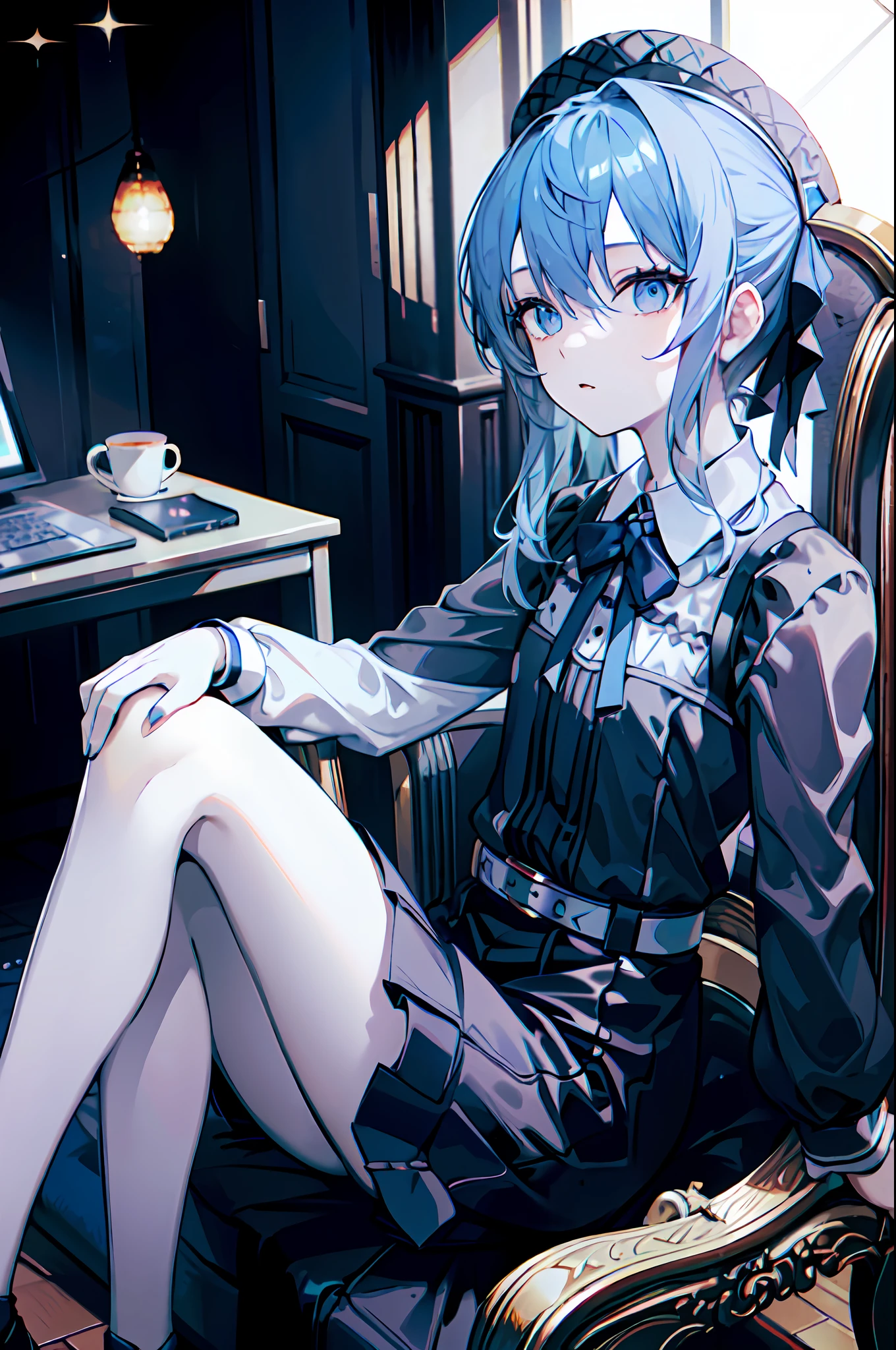 1girl, (solo:1.2), ((masterpiece)), slim, small chest, pale skin, ((detailed eyes)), (bokeh effect), (dynamic angle), blue hair, ponytails, bow tie, sitting, blue eyes, ((suits)), (tux), interior, chair