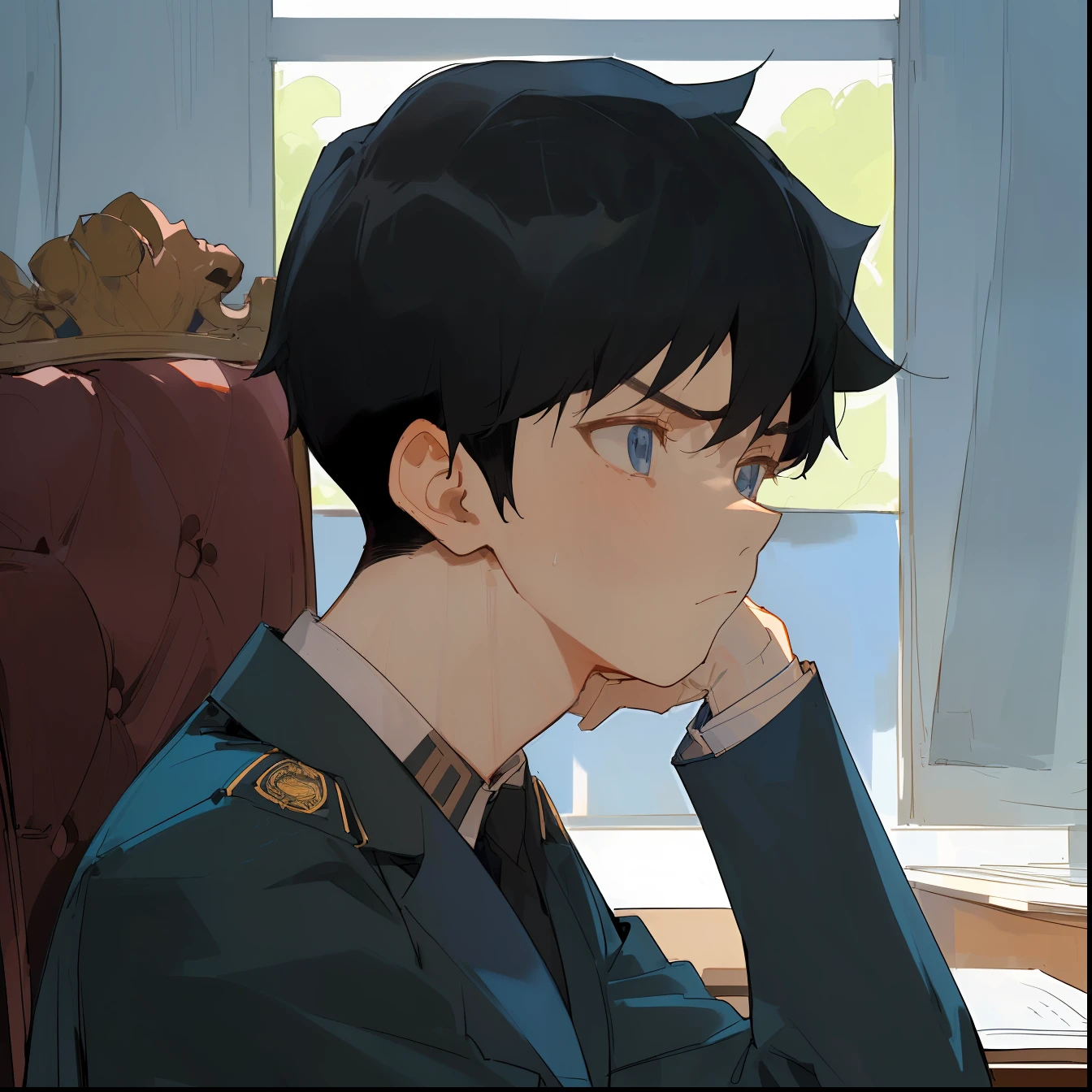 (((Composition from the side、One Boy, Close-up of head from upper body)))、(((Daytime High School、Man in uniform sitting in a chair in front of a desk and looking up with a troubled face、)))、The boy wears a dark blue blazer with short black hair、anime image、