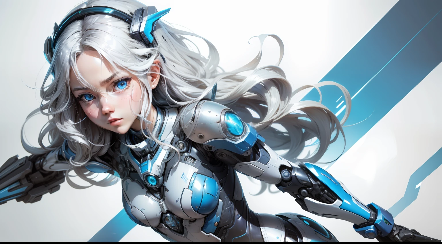 best quality,illustration,1girl,small ,beatiful detailed eyes,flat_chest,beatiful detailed hair,wavy hair,Blue mecha clothing,robot girl,cool movement,sliver bodysuit,A pure white background,Cyberpunk Style,Whole body diagram