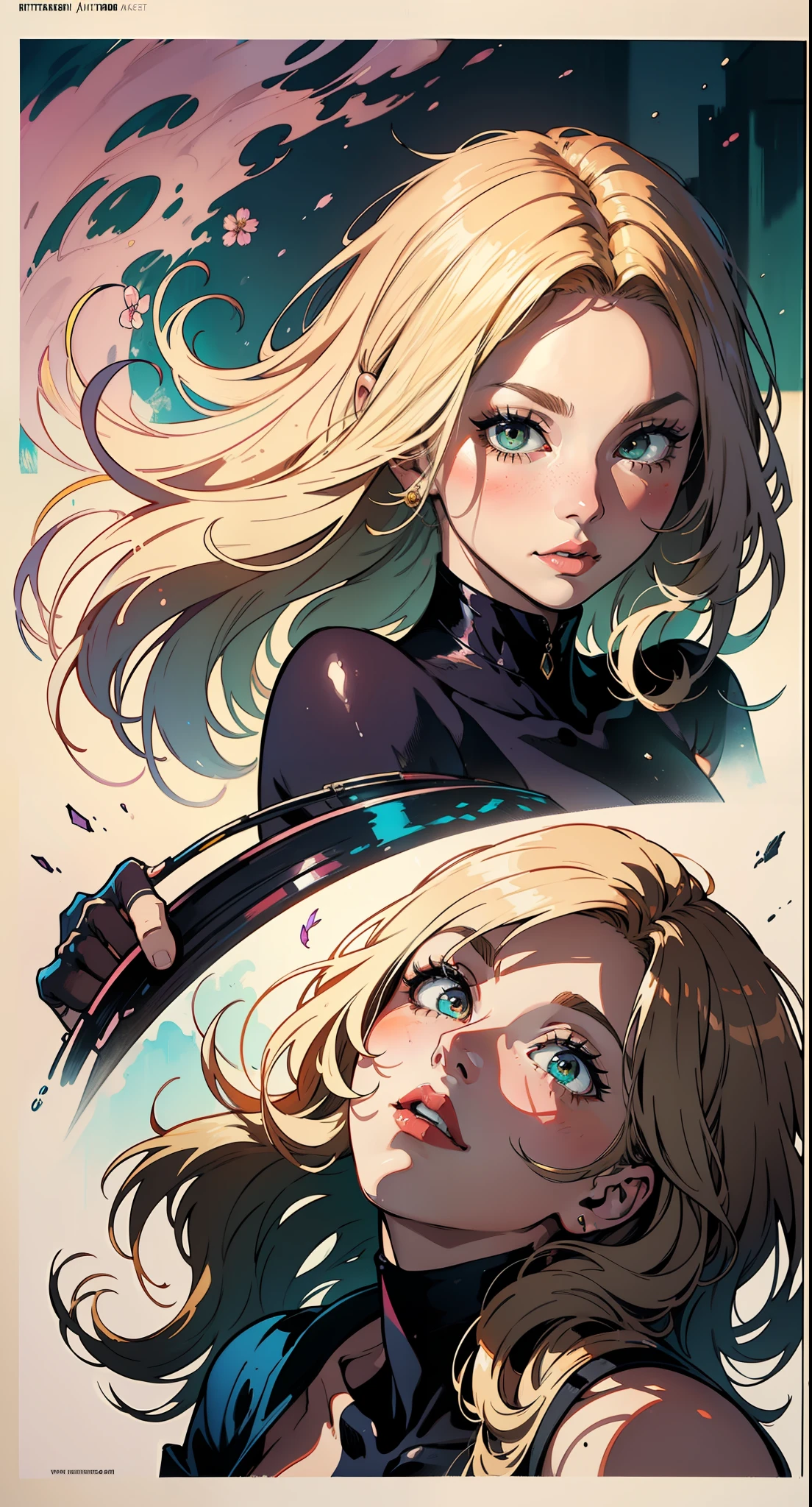 526mix, Lyriel, CheeseDaddys ::Mauritius S. Miller e Yoji Estilo Shinkawa ::::::yoji shinkawa style ::2.0 comix illustration style,tatoon style , comic book style ,emily sears argentina ,beautiful woman with long hair ultra detailed, (beautiful and clear background:1.2),, fantastic paintings ,graffit style, flowers, olhos altamente detalhados , a t-shirt or dressed in a white blouse underneath, with both fists in a fighting position, and bracelets, fighting against an enemy, with long black hair , stained glass colored, out, vibrant, alphonse mucha style, fantastic paintings by joe madureira ,high quality, art,kelly brook beautiful woman with long blonde hair , freedom, soul, digital illustration, comic style, perfect anatomy, centered, approaching perfection, dynamic, highly detailed, watercolor painting, artstation, concept art, smooth, sharp focus, illustration, art by carne griffiths and wadim kashin,big breast,alone anime girl with a medium lenght pose and cute clothes, short pastel blonde hair , heterochromia, perfect anatomy, centered, approaching perfection, dynamic, highly detailed, character sheet, artstation, concept art, smooth, sharp focus, illustration, art by kim jung gi,, artgerm, carne griffiths and wadim kashin , sasha yakovleva, loish, jeremy mann, full body shot, character sheet, lightningwave, beautiful anime watercolor painting ,paint dripping by tim okamura, victor nizovtsev, greg rutkowski, noah bradley. trending on artstation, 8k, masterpiece, graffiti paint, fine detail, full of color, intricate detail, golden ratio illustration,monochromatic green background, masterpiece, best quality, high quality, highres, best quality, high resolution fix, bright amazing lighting, detail enhancement, best quality, high quality, highres, detail enhancement