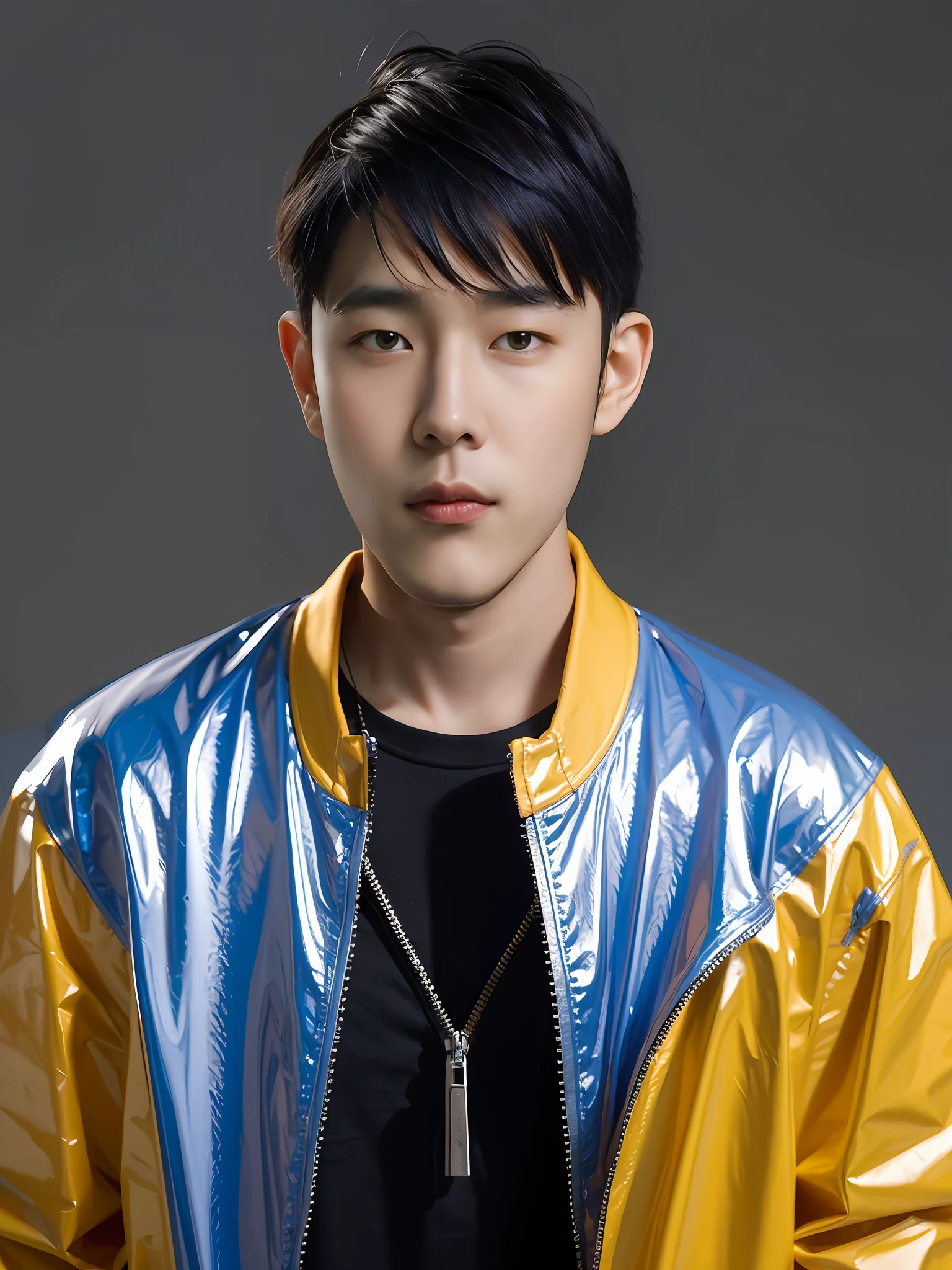 Chinese male high school student，Wearing a PVC blue T-shirt，There are zippers