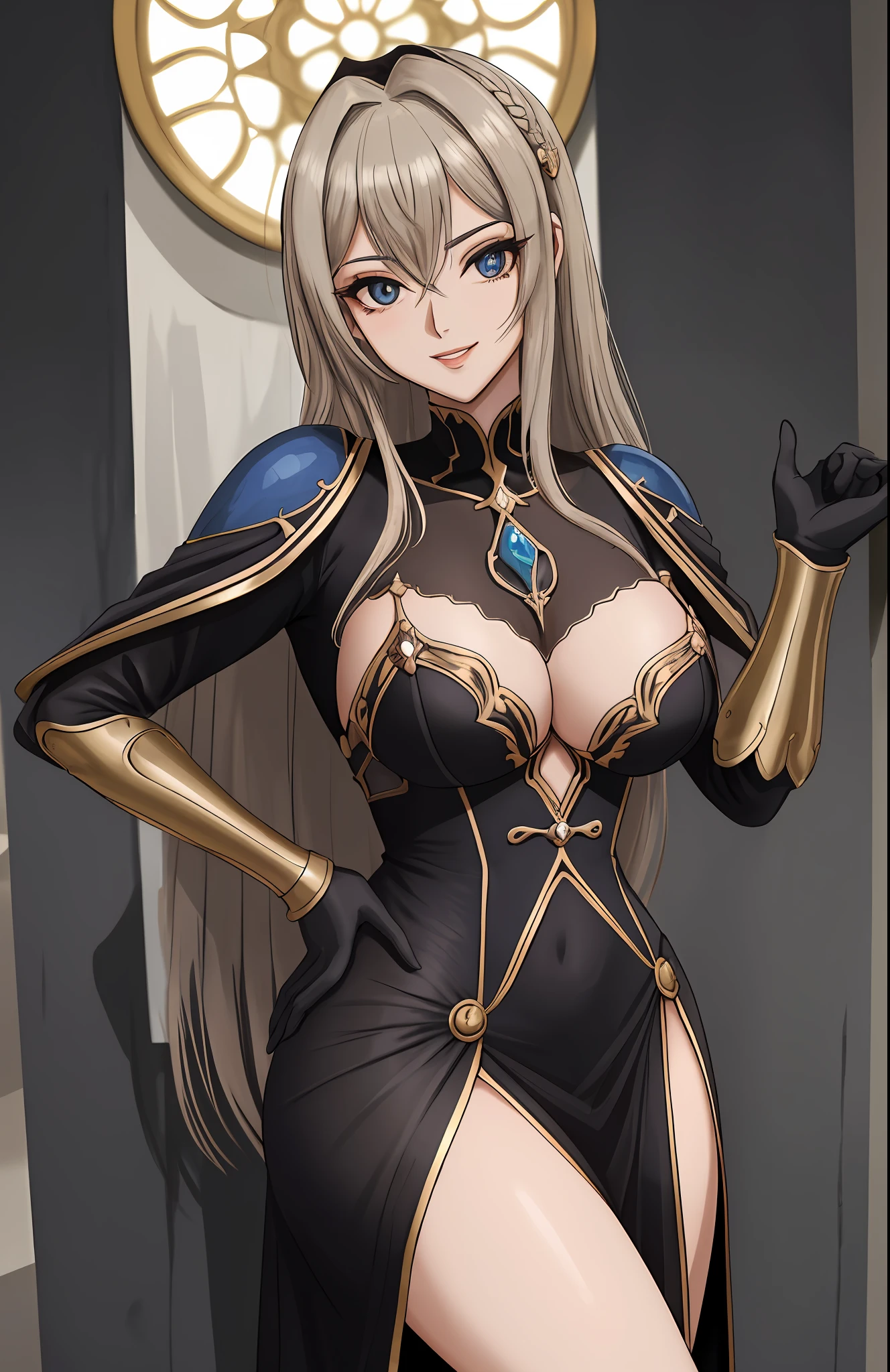 mulher 25 anos, anime, with hands on the wall, virada de costas olhando para espectador, bunda marcada no vestida, bunda bonita, garota sensual, cabelo preto, hair black ((sensual, sexy)) vestido medieval, etalhes azul, Uplighting, 8k, Anime traits, altamente detalhado ((muitos detalhes)) olhos detalhados marrom, peitos medios, armadura de ouro, sexy, sensual, rosto atraente, sorriso sensual, cabelo preto, peitos a mostra, armadura medieval da realeza, armadura com decote