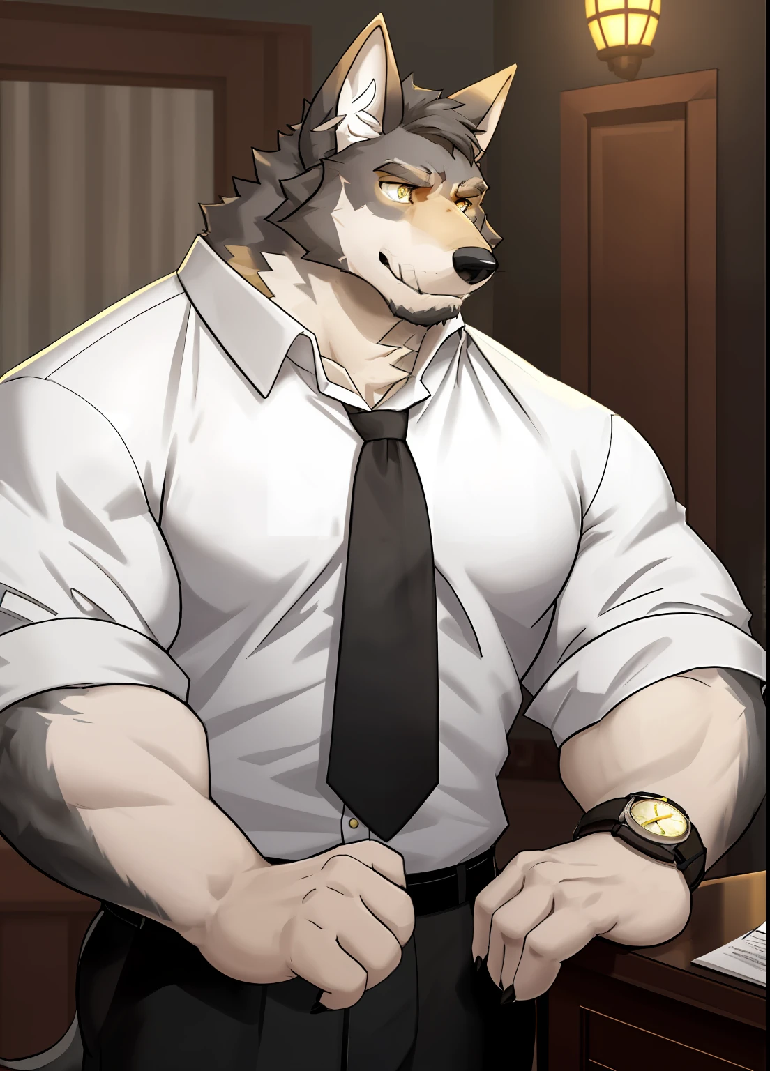 Gray fur，black necktie， 独奏， fatness，The shirt， 1boy， white  shirt， The upper part of the body， malefocus， collared shir， trouser， Looks to the side， Harnes， chest muscle， Sleeves rolled up， Wrist watch， Wrist watch， Wolf ears， sbeard， Yellow eyes， Detailed eyes