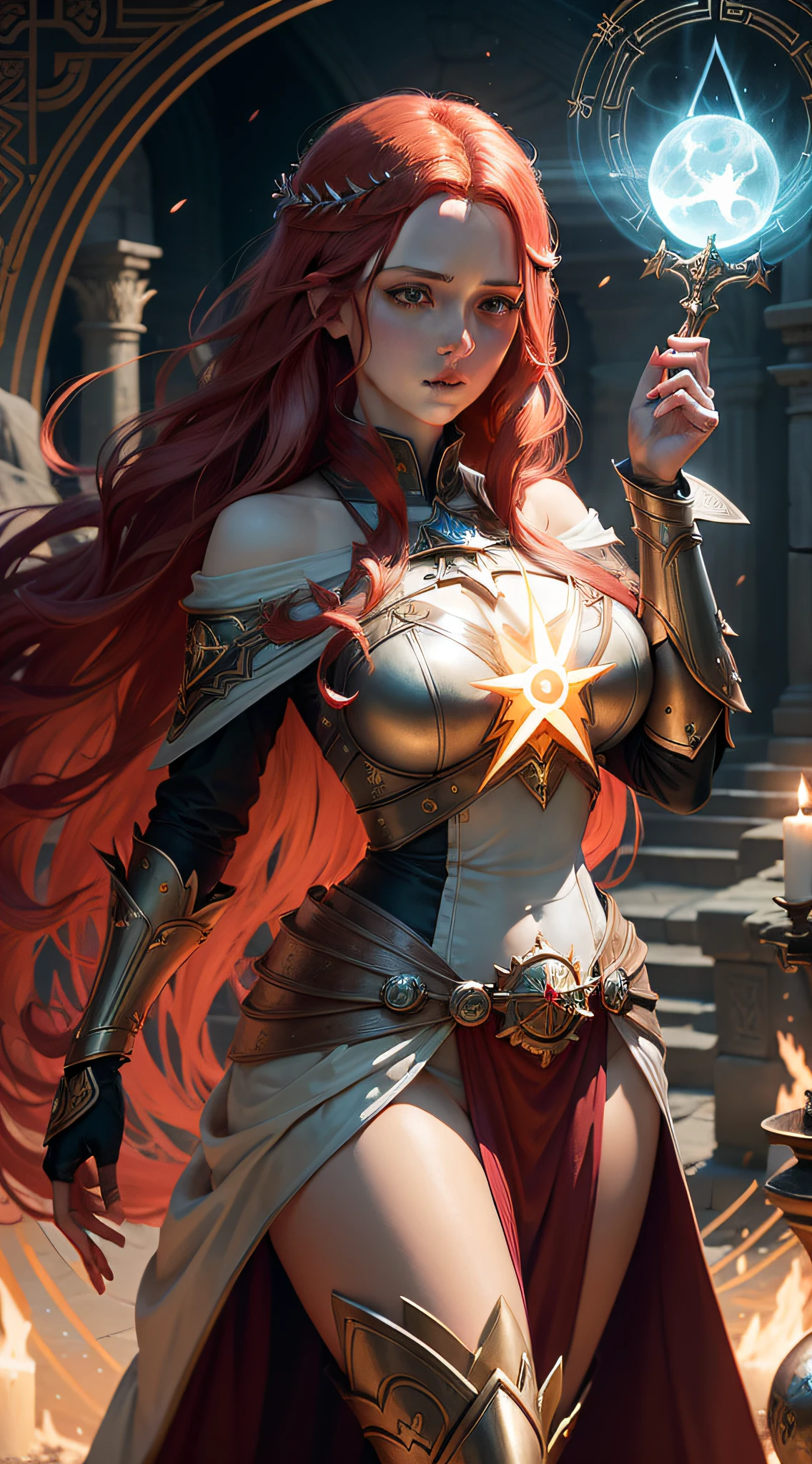 a woman holding a glowing ball in her hands, featured on cgsociety, fantasy art, very long flowing red hair, holding a pentagram shield, looks a bit similar to amy adams, lightning mage spell icon, benevolent android necromancer, high priestess tarot card, anime goddess, portrait of celtic goddess diana, featured on artstattion