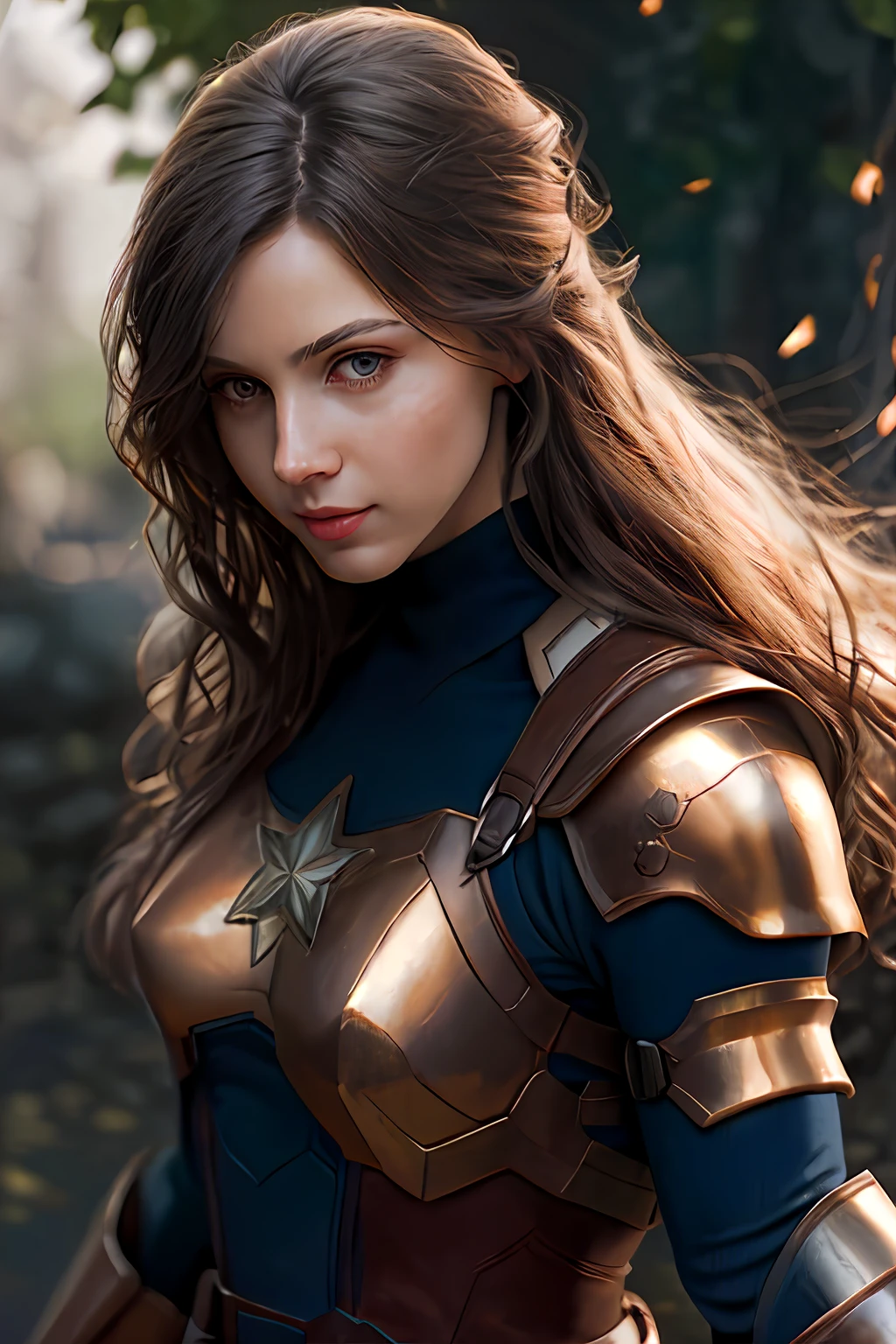 photorealistic, Closeup of a Beautiful female, Captain America style, (Scale Armor:1.3), detailed and intricate Cosplay, gorgeous with pale skin, silky flowing hair, cotton shirt, cream bronze Black copper, Vibrant, High contrast, atmospheric, global illumination