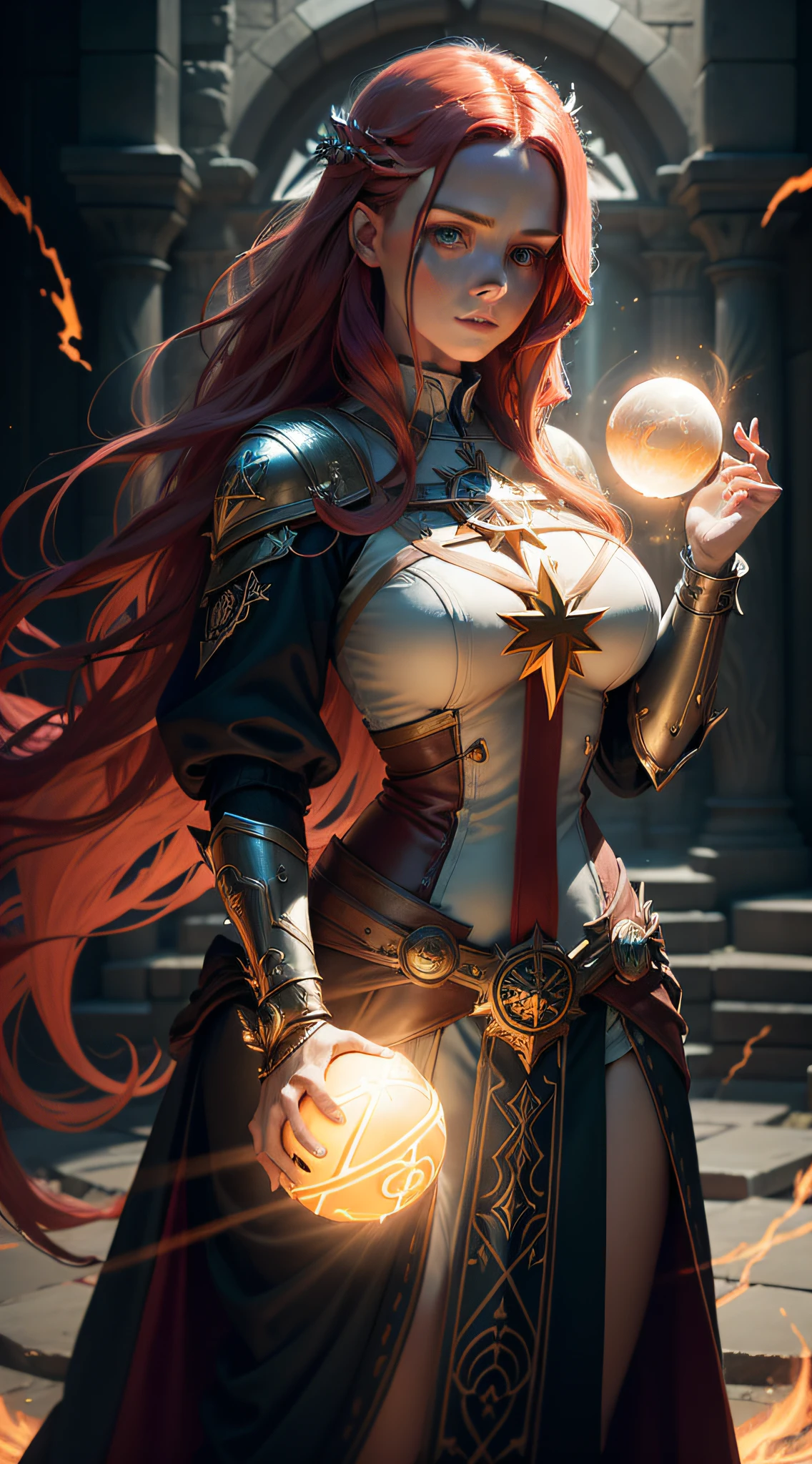 a woman holding a glowing ball in her hands, featured on cgsociety, fantasy art, very long flowing red hair, holding a pentagram shield, looks a bit similar to amy adams, lightning mage spell icon, benevolent android necromancer, high priestess tarot card, anime goddess, portrait of celtic goddess diana, featured on artstattion