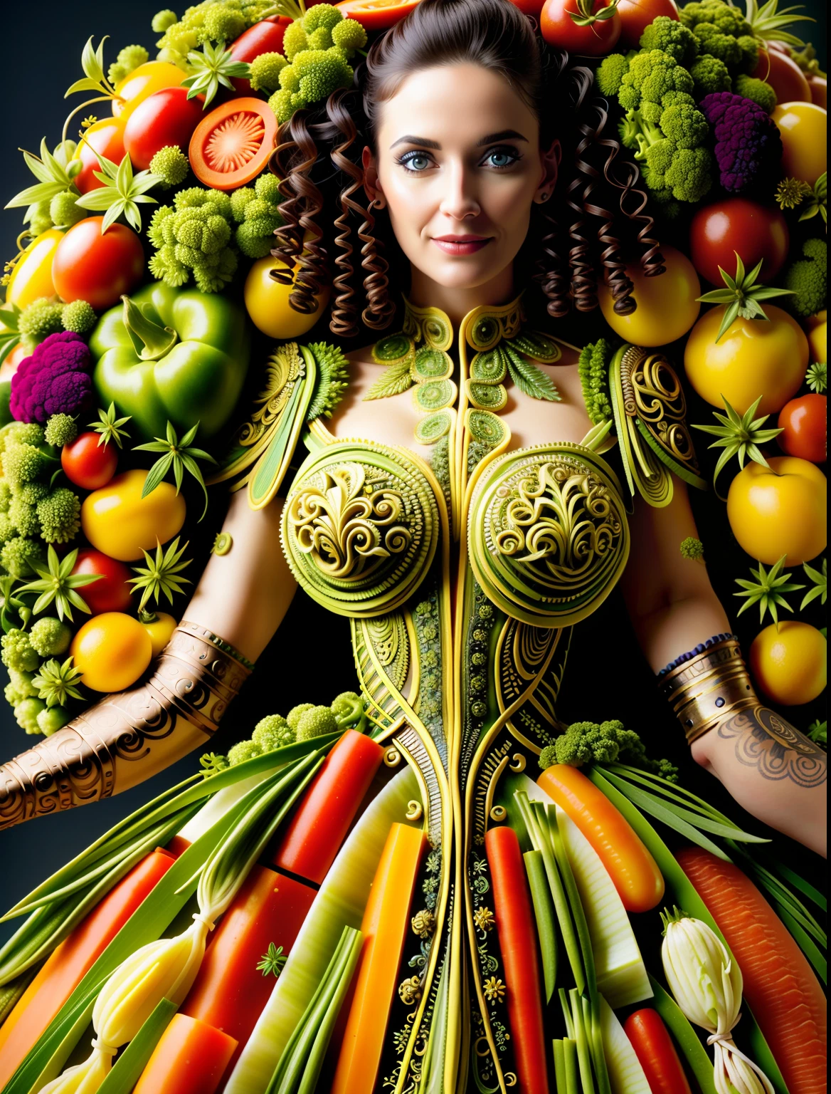 a woman in a dress made of vegetables , cinematic, insane details, intricate details, hyperdetailed, bright face