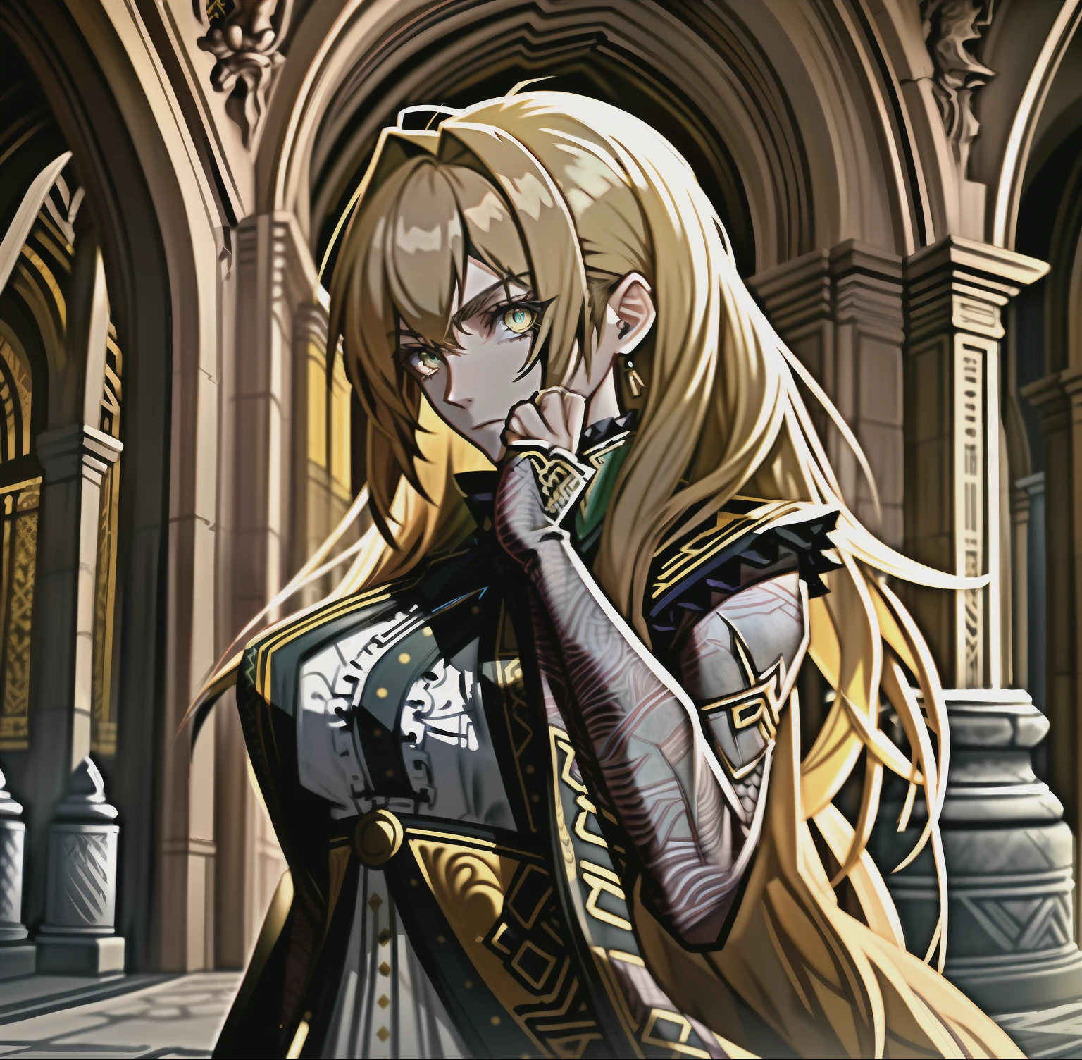 20 year old female，Luxurious beige Gothic costumes，nobles，cabellos largos dorados，By bangs，Green eyes，with a determined look in his eyes，Rich families，The body has yellow scales，In the background is a fantastic Western European castle，((Best quality))(（Ultra-detailed）)4K((Masterpiece))Pure，（（brightcolors：10.0））Fantastic style，big dragon，dragon scale，Dragon on a stone pillar
