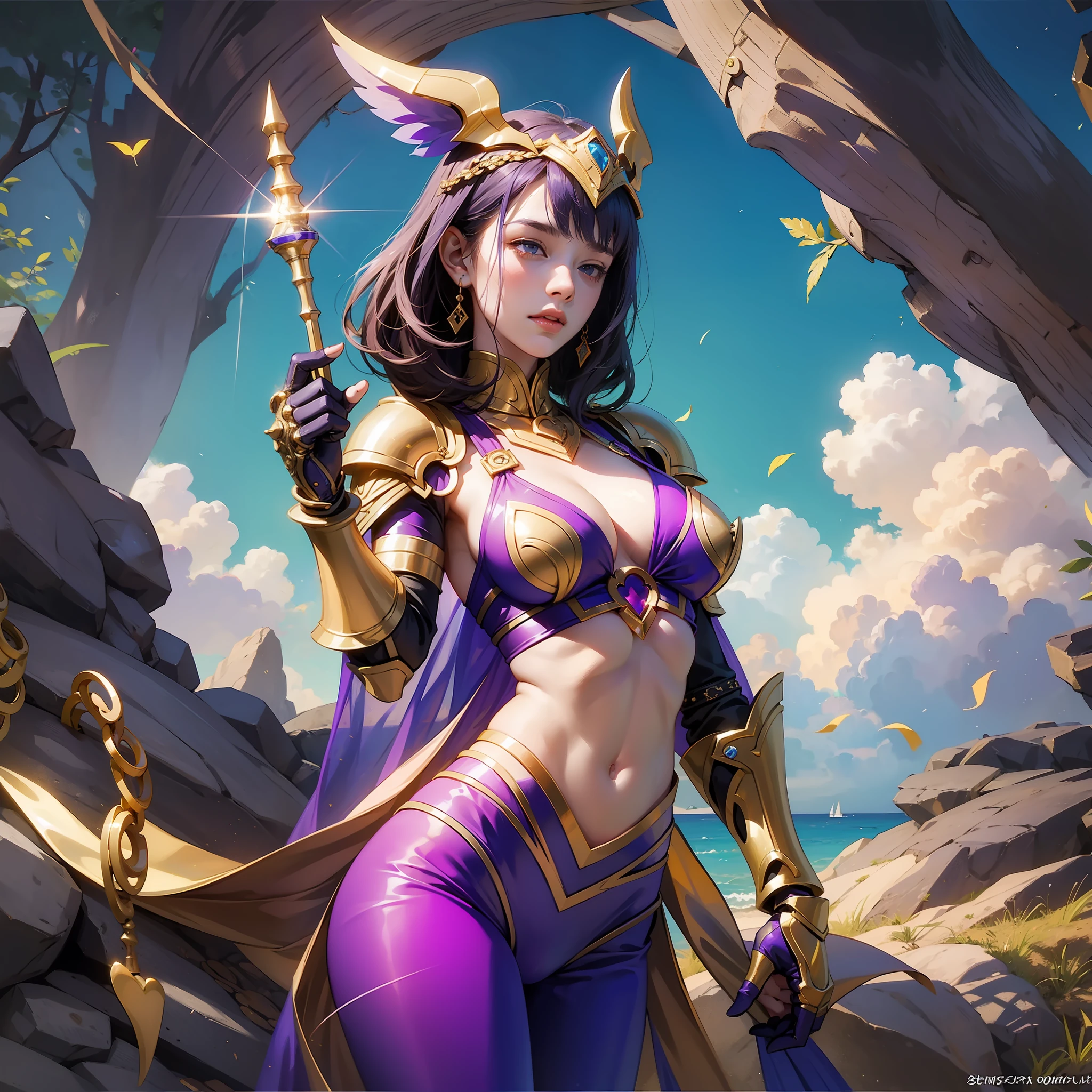 Woman in purple costume with spear and gold gloves, biomechanical oppai, juri misaki, knights of zodiac girl, SFW version, bikini armor female knight, sexy pudica pose gesture, ornate bikini armor, bikini-armor
