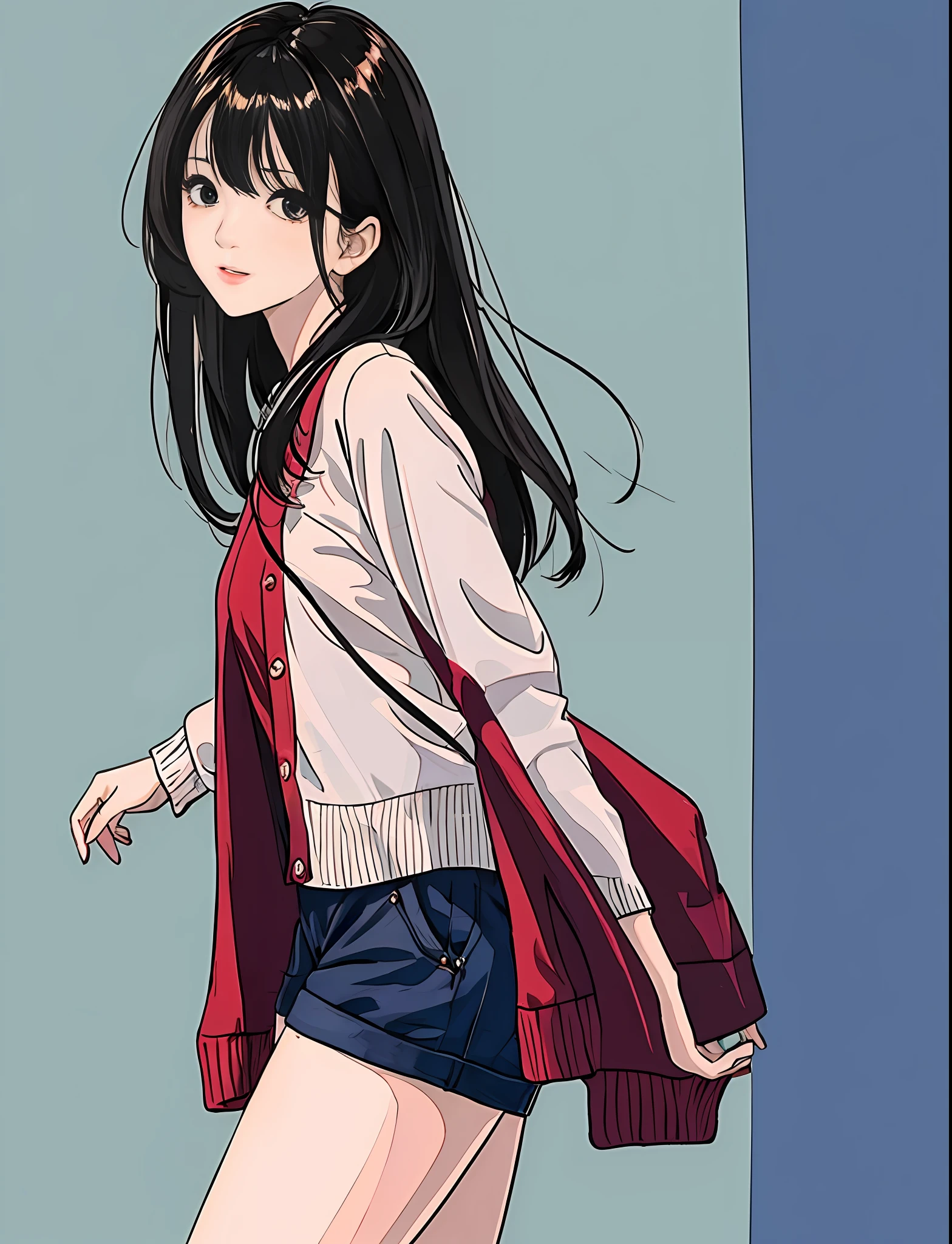 Best Quality, masutepiece, Narrow-eyed, Medium shot portrait of asian woman in cardigan and shorts, frontage, Low camera angle