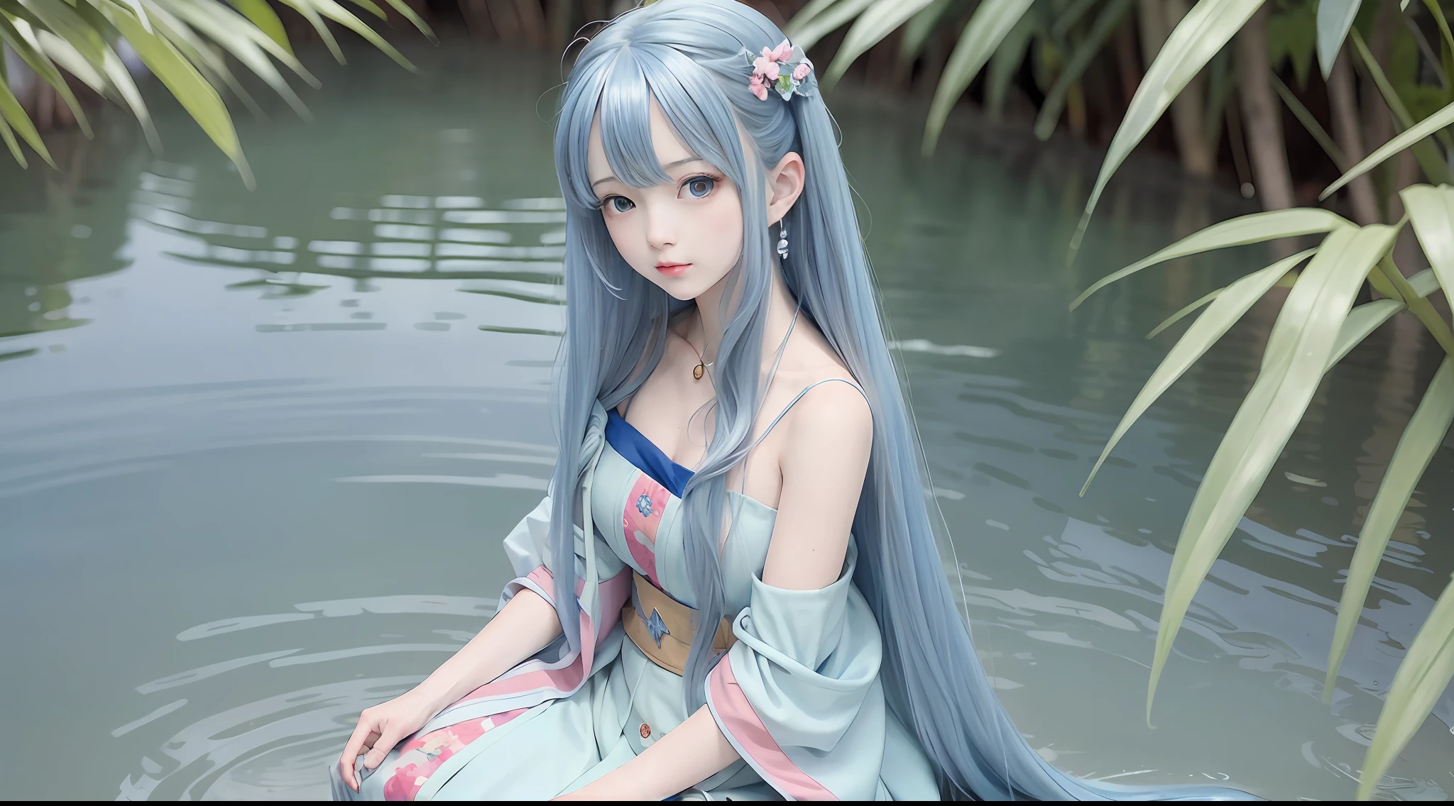 Masterpiece, Best Quality, Official Art, 8k Wallpaper, Very Detailed, Illustration, 1 Girl, Sky Blue Hair, Long Hair, Detailed Eyes, Forrest Gump, Bare Shoulders, Hanfu, Lake, Pure, Soft Smile, bamboo, tea