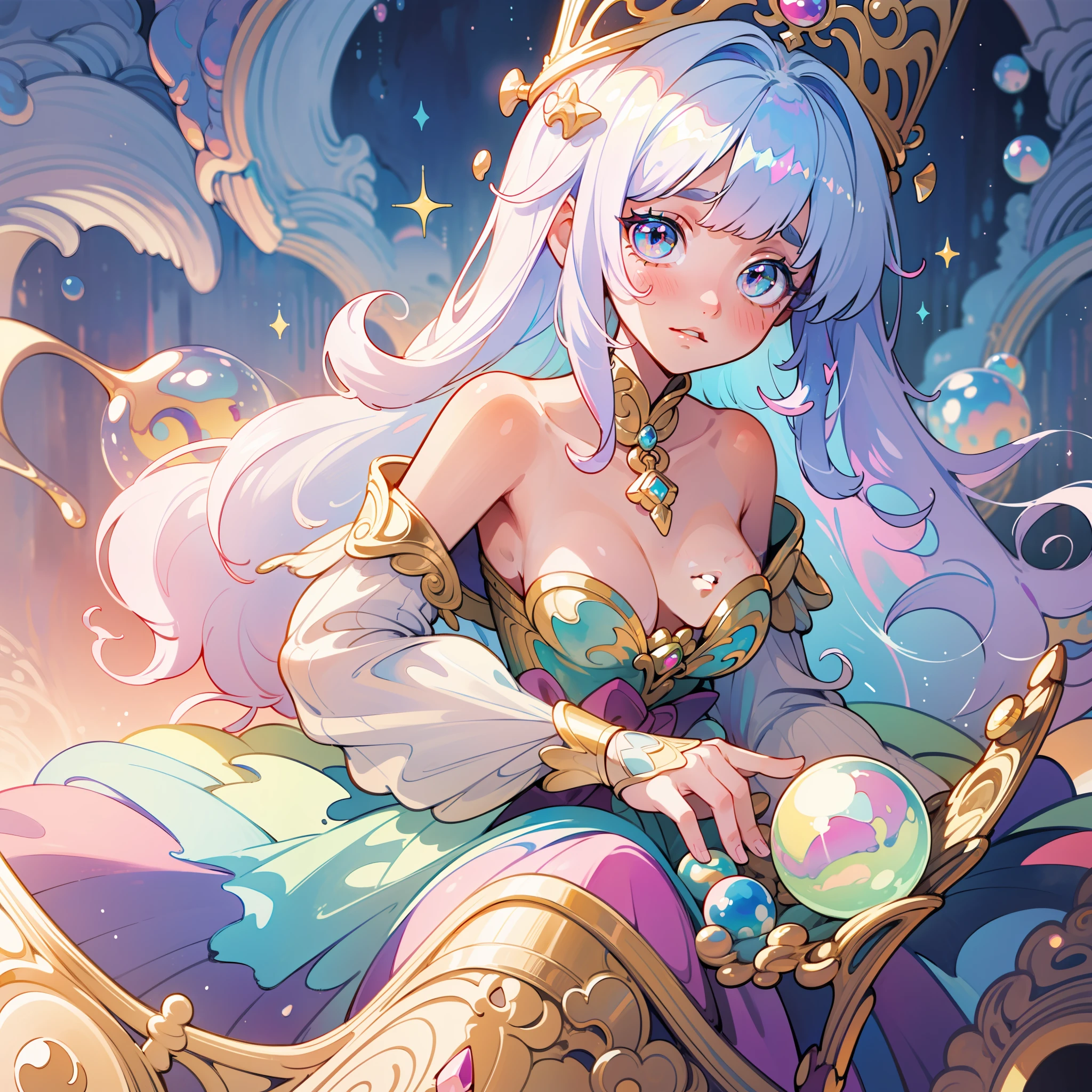 masterpiece, best quality, 8k resolution, sharp focus, intricate detail, beautiful girl, sparkling eyes, golden ratio face, otherworldly liquid, watercolor, pastel colors, bright colors, whimsical, colorful, sharp focus, high resolution, fine detail, princess fantasy flowing ballgown, ((round eyes)), iridescent bubbles, castle landscape in background