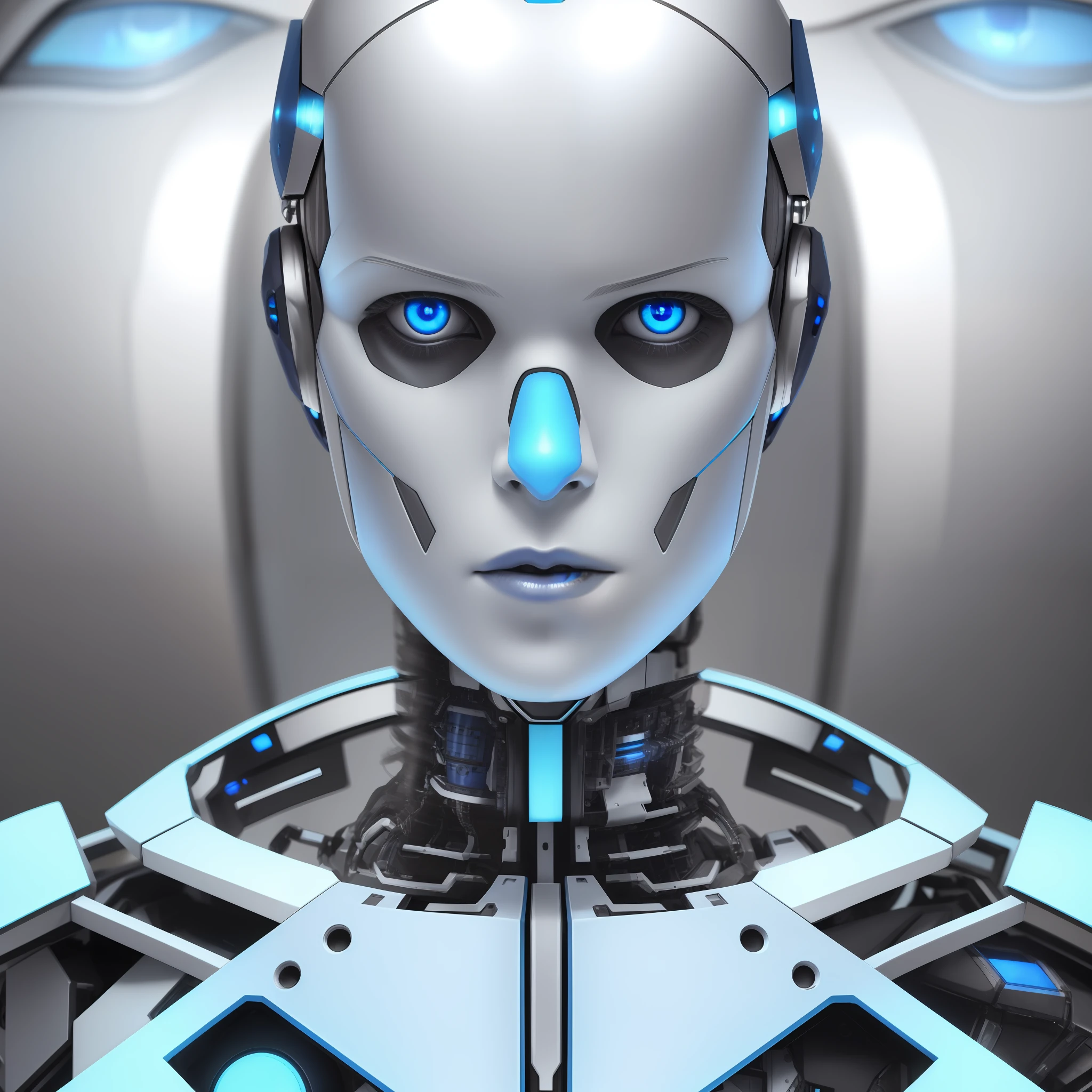 A closeup of a robot with blue eyes and a metal body, portrait of a futuristic robot, Retrato do humanoide masculino, Retrato em close-up de Ciborgue, Face detalhada de um androide, Retrato detalhado de um ciborgue, Retrato de Ciborgue, robot with human face, humanoid robot close up, Retrato de um androide feminino, Retrato de um androide, Retrato do androide feminino