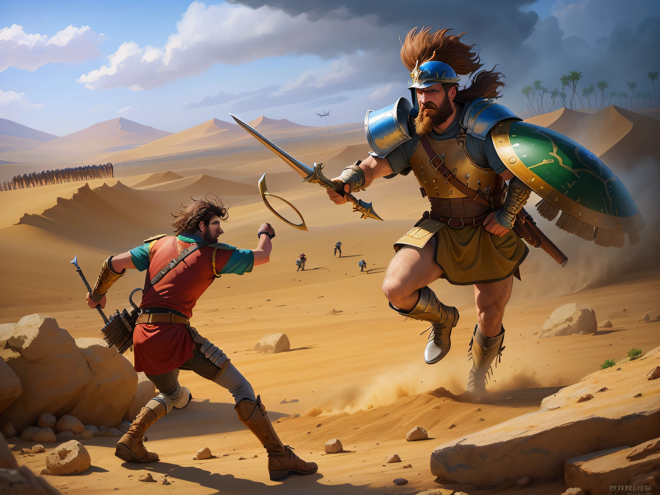 uma pintura de dois homens em armadura lutando em um deserto, Davi e Golias, Pintura de Golias, liderando uma batalha, levando espartanos para a batalha, epic battlescene, award - winning epic painting, epic biblical representation, guerreiro persa, age of empires, detailed game art illustration, epic battle scene, Directed by: Juan O'Gorman, Mito grego pintura digital, bible illustration