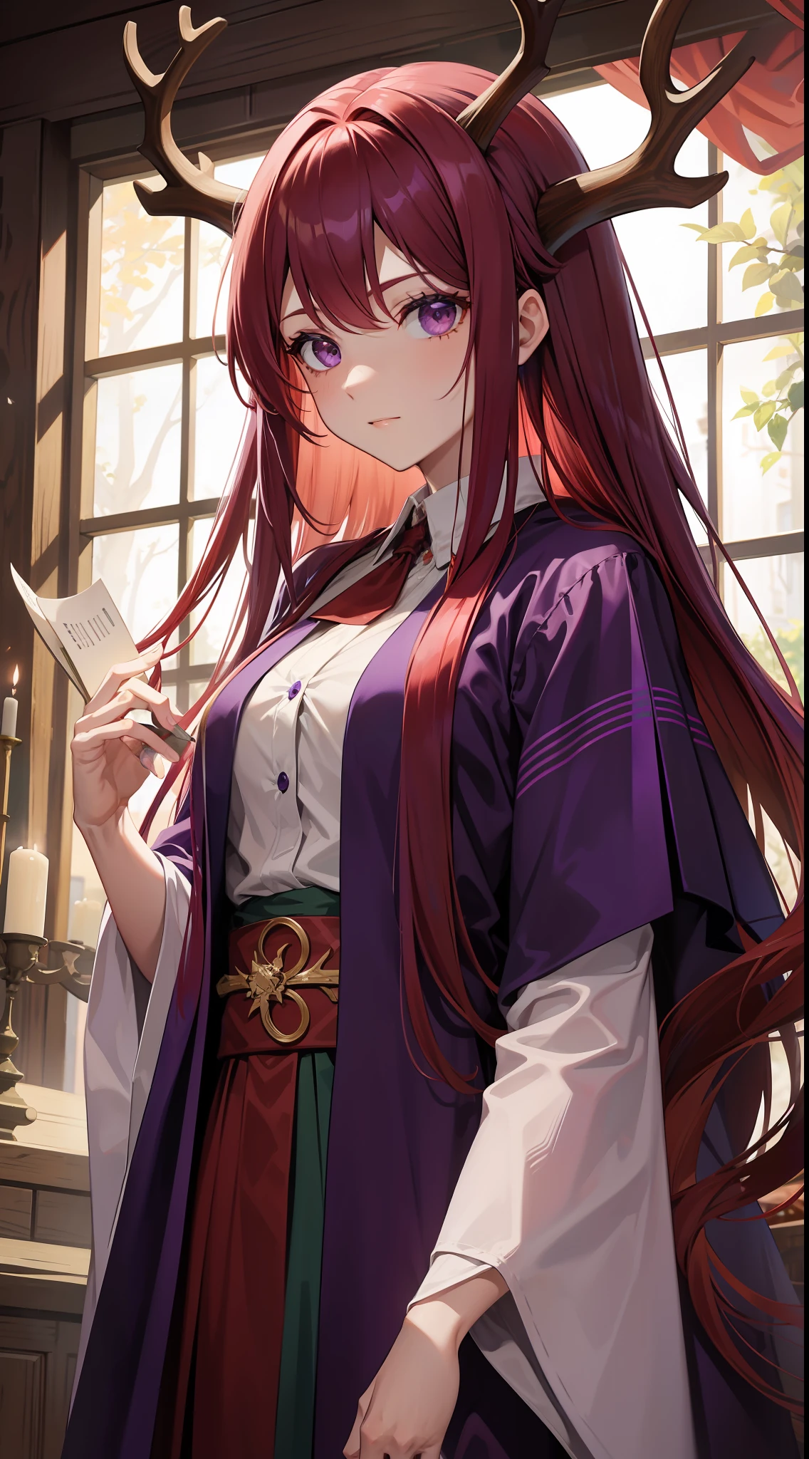 Adult woman, Long red hair with purple ends, Deer antlers, violet eyes, Herbalist's robe, Masterpiece, hiquality