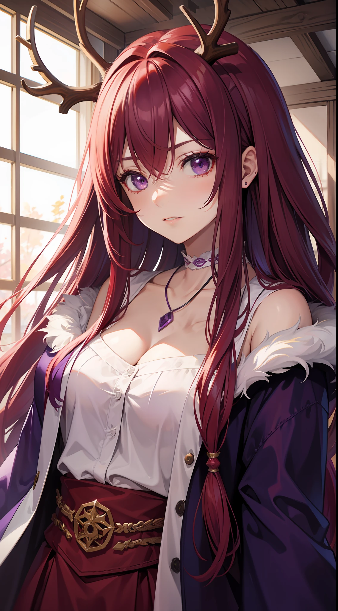 Adult woman, Long red hair with purple ends, Deer antlers, violet eyes, Herbalist's robe, Masterpiece, hiquality