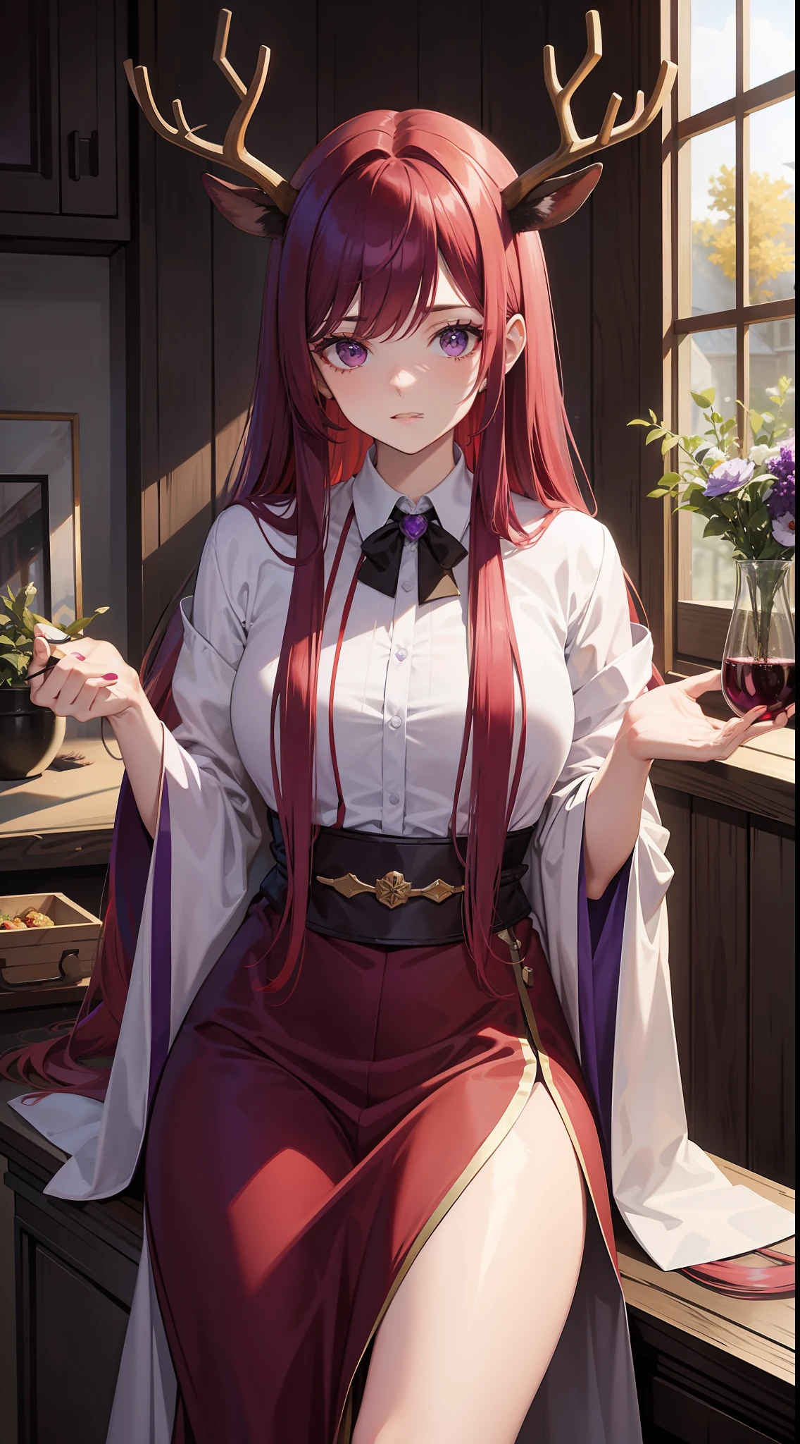 Adult woman, Long red hair with purple ends, Deer antlers, violet eyes, Herbalist's robe, Masterpiece, hiquality