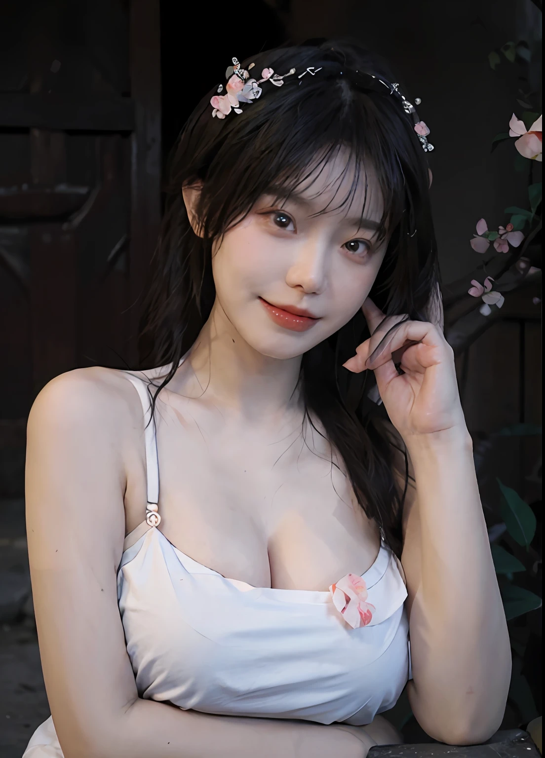 best qualtiy, 超高分辨率, (realisticlying:1.4), one-girl, A pair of clear and moving peach blossom eyes,Royal Sister,(full bodyesbian:1.2)a sense of atmosphere,a beauty girl, ssmile,Rose garden,(full bodyesbian:1.2) looking at viewert, closeup cleavage ,(Photorealistic:1.4),1girll,Sexy,(Bikini:1.2),(Peach blossom good:1.2),(Large of breast:1.3),(Upper body:1.4),(Wet body),(:1.2)