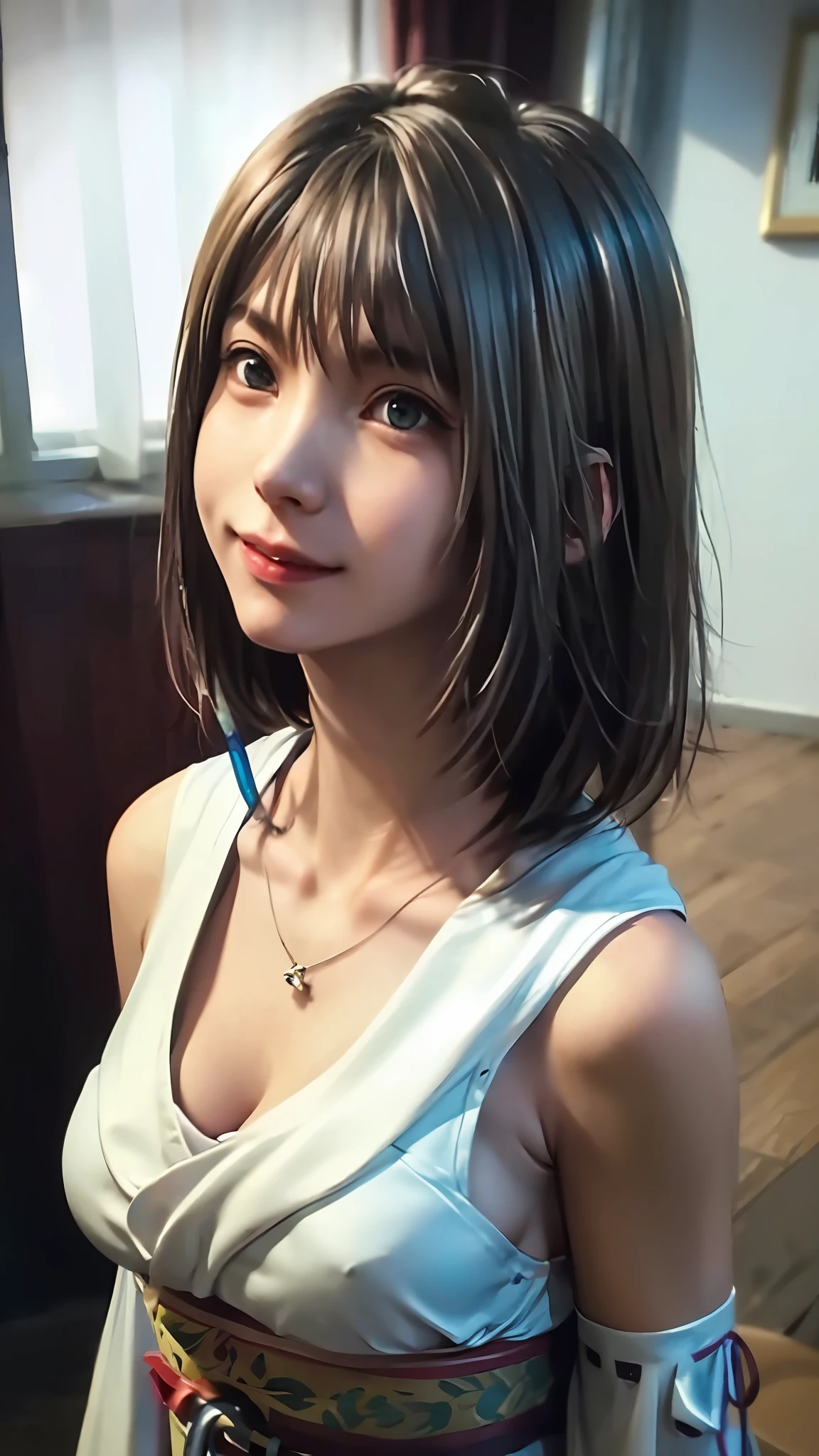 Fine-grained skin、Sharp Focus、(lighting like a movie)、Soft lighting、dynamic ungle、[:(Face Details:1.2):0.2]、large full breasts、Photorealsitic、(8K、Raw photography、top-quality、​masterpiece:1.2)、The ultra-detailliert、超A high resolution、(Realistic and realistic photos:1.37)、portlate、high-definition RAW color photography、professional photograpy、extremely delicate and beautiful、ighly detailed、8K Picture Wallpaper、astonishing、finely detail、huge filesize、beatiful detailed eyes、二重まぶた、Dynamic lighting、very detailed beautiful girls、、1 girl in、(18year old:1.2)、Realistic body、小柄、fair white skin、shinny skin、Good figure、Natural face、(embarrassed from、full of shyness、A smile:1.2)、、Look at viewers:1.2、(Recumbent position、sface focus、cowboy  shot:1.2)、(dynamicposes:1.2) 、1girl in, 独奏, jewely, Detached sleeve, a necklace, blue-beaded earring, Hakama Skirt Yunafukus、 超A high resolution、a picture、Photorealsitic、ighly detailed、A detailed face、Cute Woman Solo、the royal palace、 medium breasts⁩、(​masterpiece、hightquality)、looking at the viewers、gorgeous goddess、bob cuts、 Charming and、Charming and、dream-like、Royal cloak、((thick bangs))、cross-legs sitting、(((Clothes are torn and skin is visible chest)))、(sexy facial expression)、(sexy  pose)