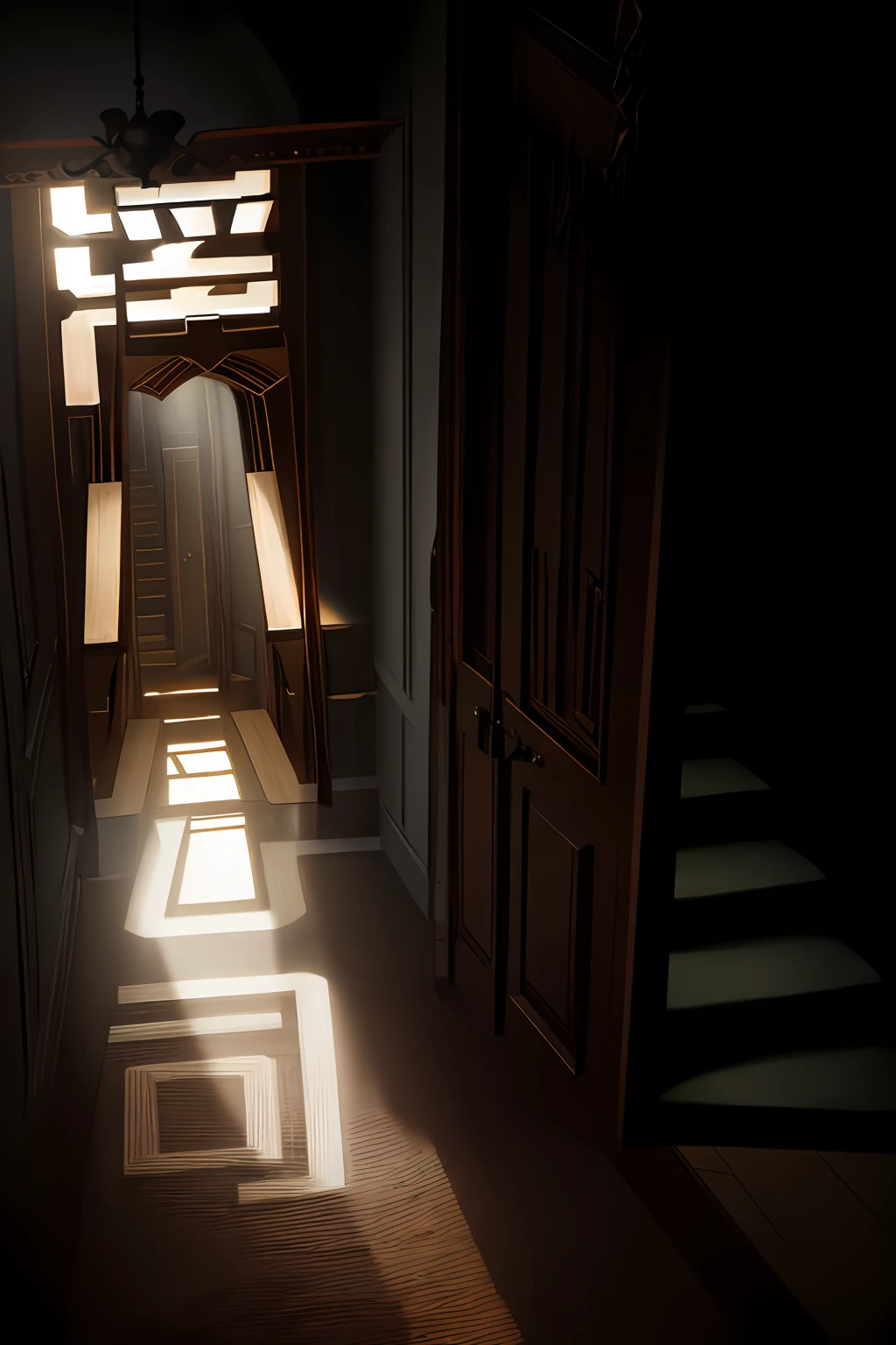 Sunlight poured through the windows into the large room full of stairs，Strong light illumination，Silva Sarel style，Alain Robb style，Dark surreal concept art，Chen Qingwen's style，Menachafe style，Unique lighting effects，Bastian Glivett dark style，stunning atmosphere，Highly realistic digital painting concept art。