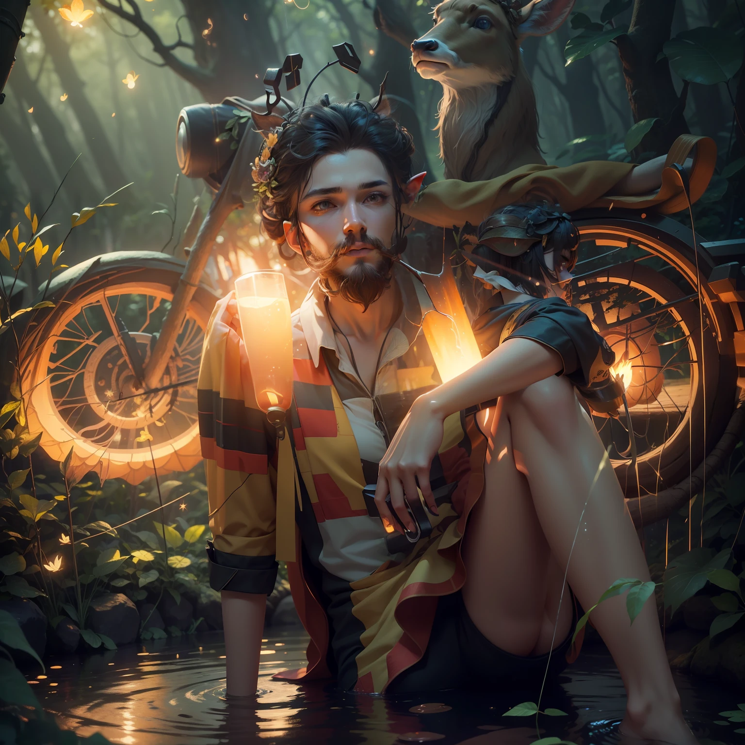 Masterpiece, best quality, (very detailed CG unified 8k wallpaper), (best quality), (best illustration), (best shadow), glowing elf with a glowing deer, drinking water in the pool, natural elements in forest theme. Mysterious forest, beautiful forest, nature, surrounded by flowers, delicate leaves and branches surrounded by fireflies (natural elements), (jungle theme), (leaves), (branches), (fireflies), (particle effects) and other 3D, Octane rendering, ray tracing, super detailed , deer --v6