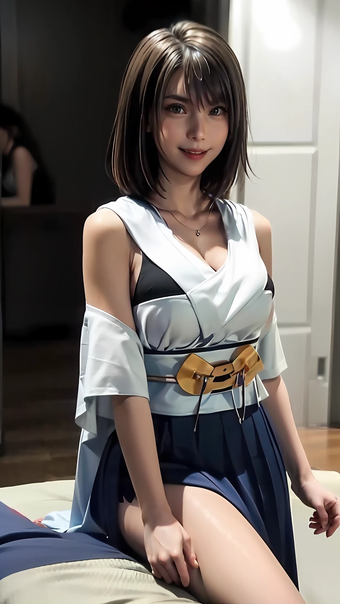 Fine-grained skin、Sharp Focus、(lighting like a movie)、Soft lighting、dynamic ungle、[:(Face Details:1.2):0.2]、large full breasts、Photorealsitic、(8K、Raw photography、top-quality、​masterpiece:1.2)、The ultra-detailliert、超A high resolution、(Realistic and realistic photos:1.37)、portlate、high-definition RAW color photography、professional photograpy、extremely delicate and beautiful、ighly detailed、8K Picture Wallpaper、astonishing、finely detail、huge filesize、beatiful detailed eyes、二重まぶた、Dynamic lighting、very detailed beautiful girls、、1 girl in、(18year old:1.2)、Realistic body、小柄、fair white skin、shinny skin、Good figure、Natural face、(embarrassed from、full of shyness、A smile:1.2)、、Look at viewers:1.2、(Recumbent position、sface focus、cowboy  shot:1.2)、(dynamicposes:1.2) 、1girl in, 独奏, jewely, Detached sleeve, a necklace, blue-beaded earring, Hakama Skirt Yunafukus、 超A high resolution、a picture、Photorealsitic、ighly detailed、A detailed face、Cute Woman Solo、the royal palace、 medium breasts⁩、(​masterpiece、hightquality)、looking at the viewers、gorgeous goddess、bob cuts、 Charming and、Charming and、dream-like、Royal cloak、((thick bangs))、cross-legs sitting、(((Clothes are torn and skin is visible chest)))、(sexy facial expression)、(sexy  pose)