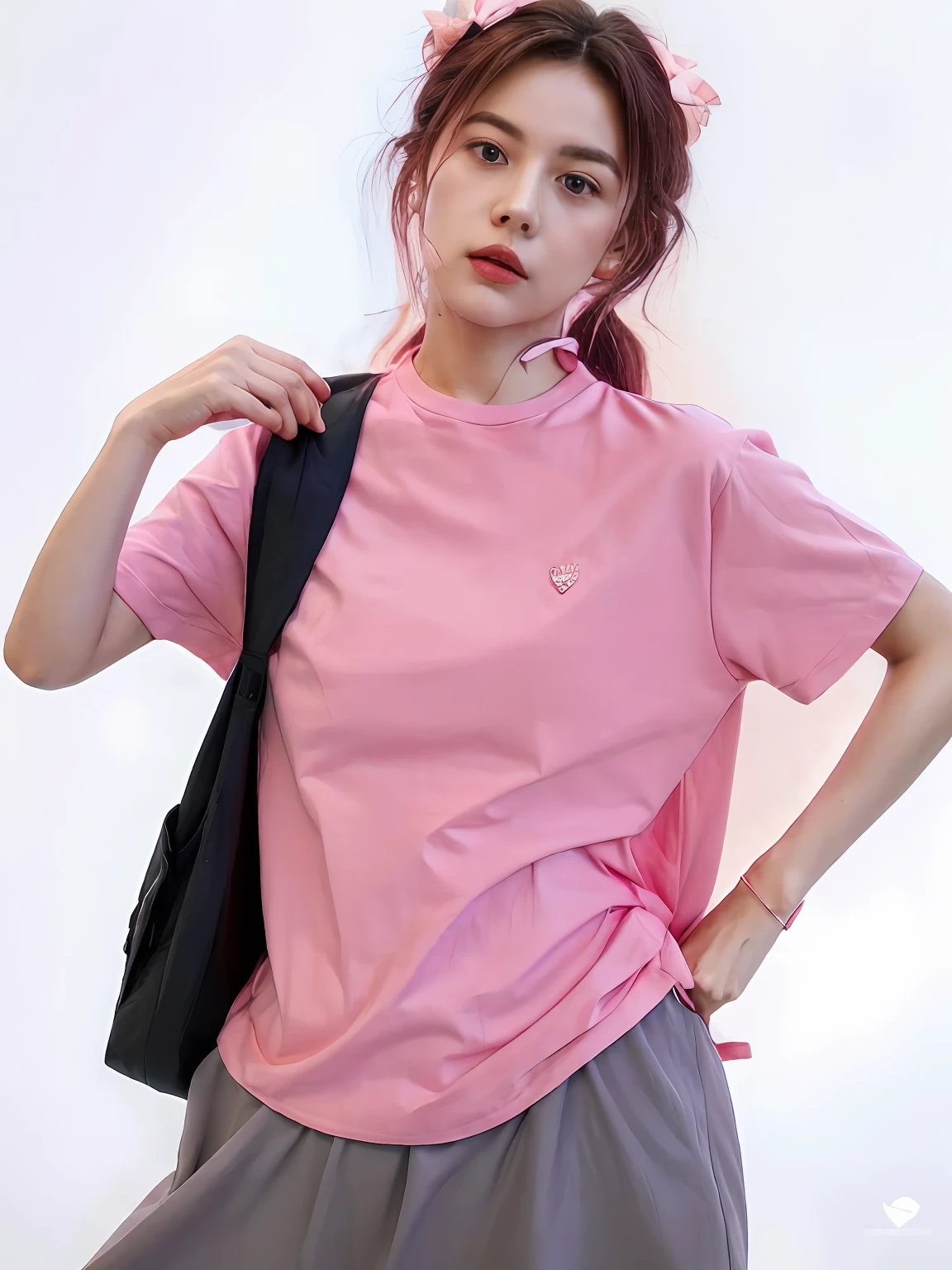 Arapei woman in pink shirt and gray dress poses for a photo, (in pink), t-top, Pink shirt, Short sleeves, 🎀 🧟 🍓 🧚, Pink, Pink clothes, ((Pink)), shirt, Light pink, Pink girl, Official product image, 🎀 🗡 🍓 🧚