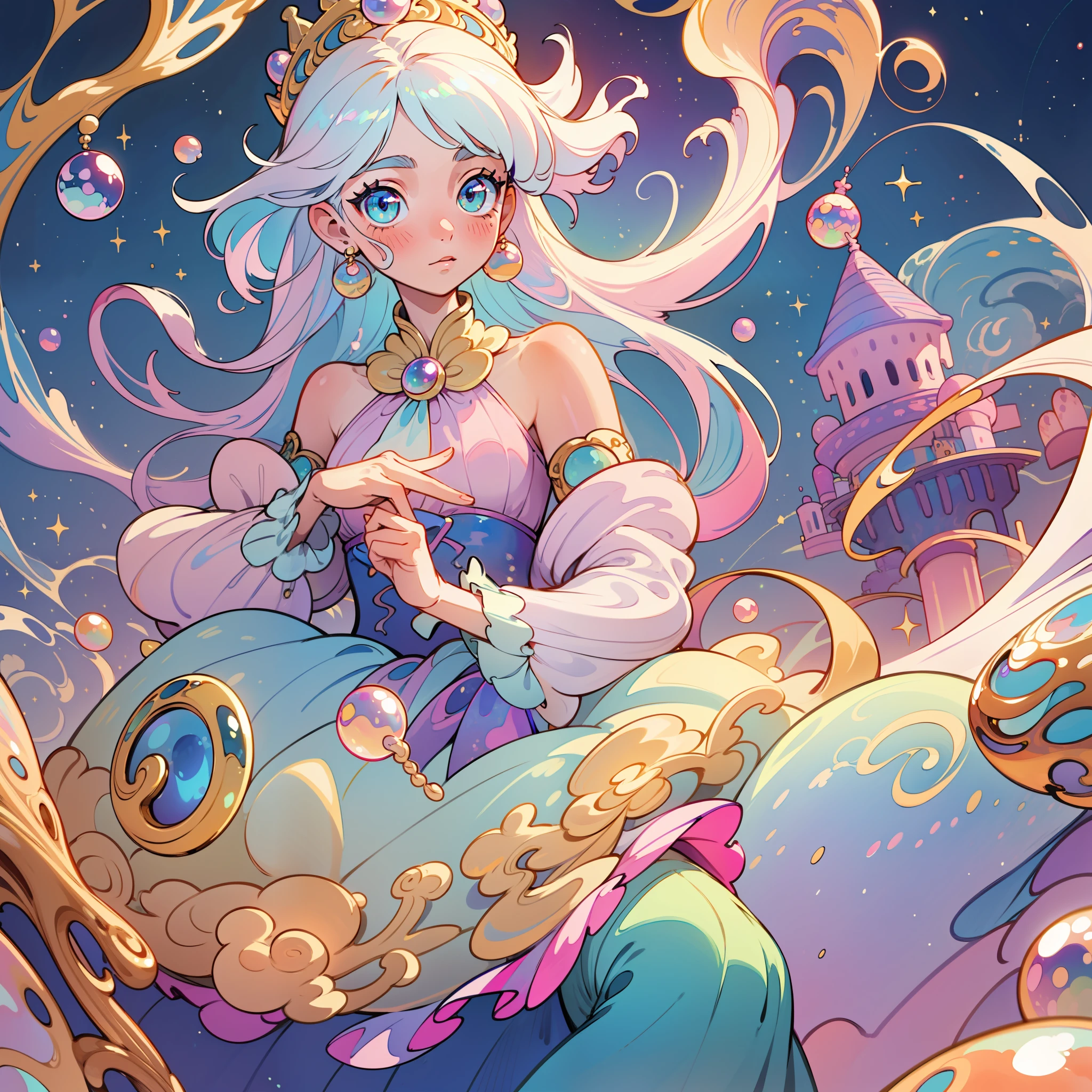 masterpiece, best quality, 8k resolution, sharp focus, intricate detail, beautiful girl, sparkling eyes, golden ratio face, otherworldly liquid, watercolor, pastel colors, bright colors, whimsical, colorful, sharp focus, high resolution, fine detail, princess fantasy flowing ballgown, ((round eyes)), iridescent bubbles, castle landscape in background