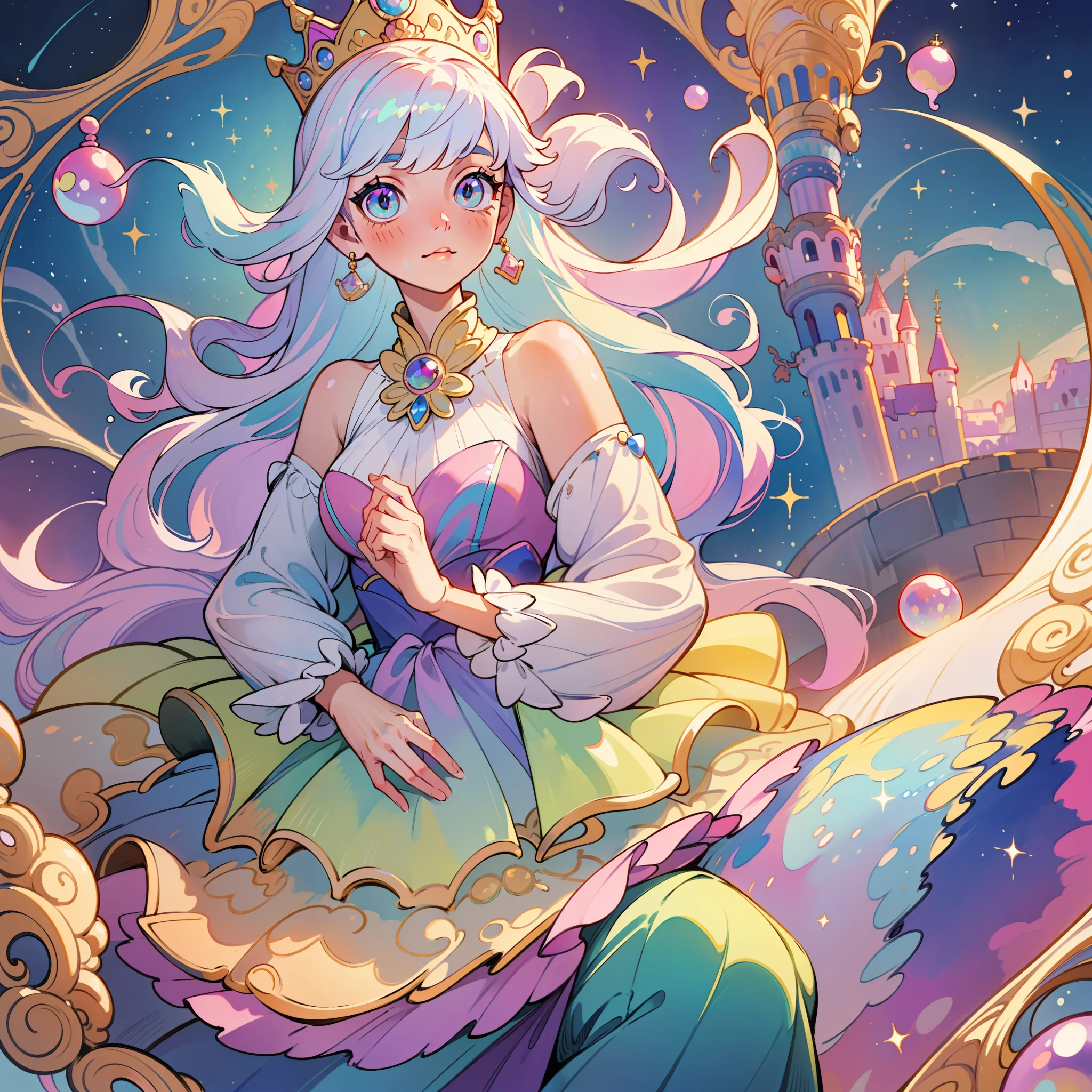 masterpiece, best quality, 8k resolution, sharp focus, intricate detail, beautiful girl, sparkling eyes, golden ratio face, otherworldly liquid, watercolor, pastel colors, bright colors, whimsical, colorful, sharp focus, high resolution, fine detail, princess fantasy flowing ballgown, ((round eyes)), iridescent bubbles, castle landscape in background