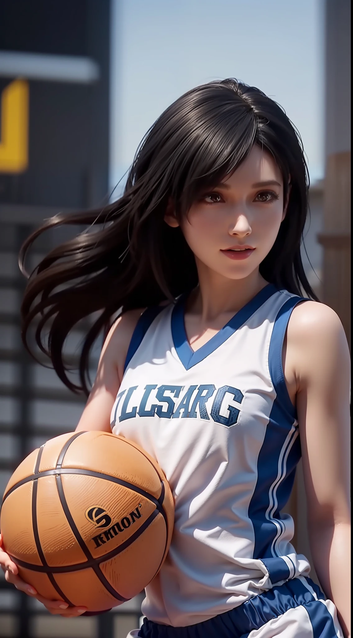 1girl,moyou，(8k, best quality, masterpiece:1.2), (realistic, photo-realistic:1.37), ultra-detailed,best quality, ultra high res, professional lighting, photon mapping, radiosity, physically-based rendering, cinematic lighting, basketball court,depth of field, sharp focus,sunbeam, good composition,(bokeh:1.2) 1girl,solo,(full body), (closed mouth),beautiful detailed eyes, pose, narrow waist,basketball uniform, black hair,messy hair,long hair floating in wind,(ulzzang-6500:1.2) mix4, hiqcgbody