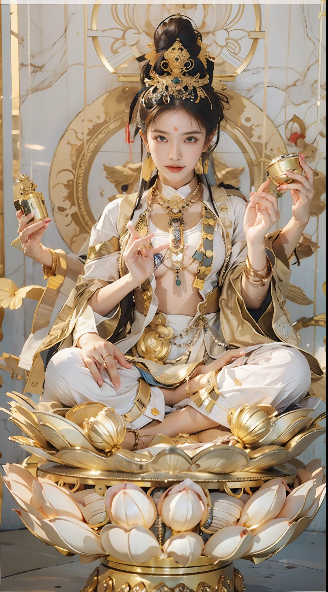 （Chinese immortals）, （Buddhism）, Multip_Hands，（mythological stories）, （bodhisattva）, She sits on a lotus, （Six arms stretched out from her body, Each hand holds a different Buddhist vessel, left right symmetry），（Delicate and beautiful face）, （White silk robe）sitting on a lotus flower, Frontal photo，Light smile, neo-classical, OP Art, Chiaroscuro, Cinematic lighting, god light, Ray tracing, character sheets, projected inset, first person perspective, hyper HD, Masterpiece, ccurate, Textured skin, Super detail, High details, High quality, Award-Awarded, Best quality, A high resolution, 8K，Ultra-high sharpness，Clear face